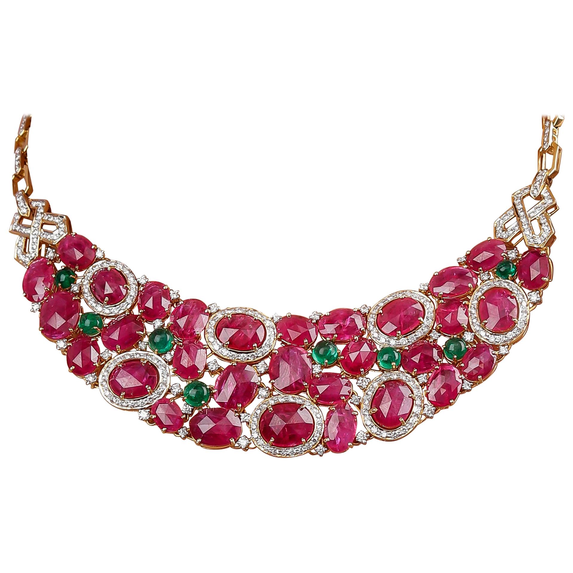 57.62 Carats Ruby Flats Emerald Cabochon and Diamond 18kt Yellow Gold Necklace For Sale