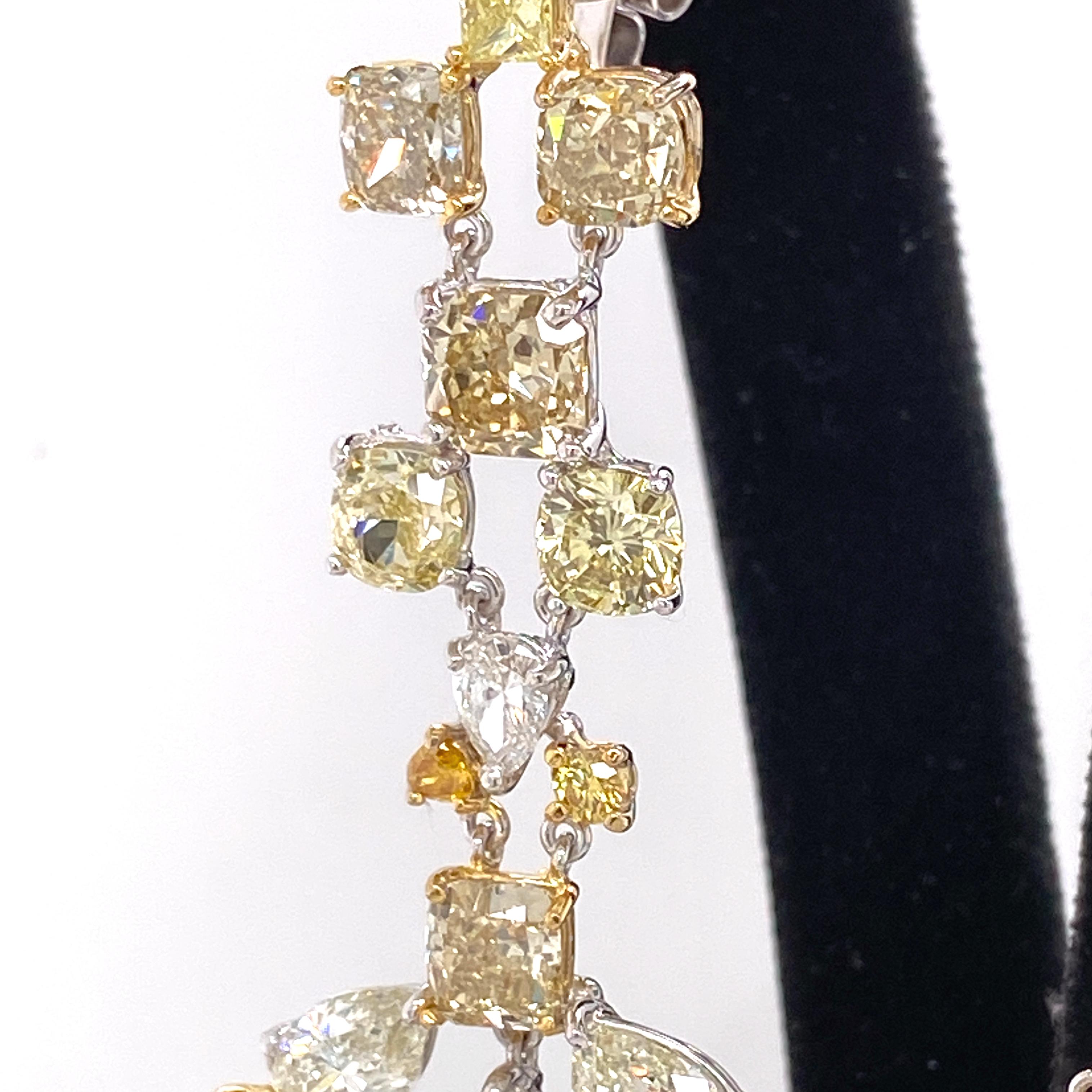 57.64 Carat Fancy Coloured Diamonds and White Diamond Chandelier Gold Earrings For Sale 4