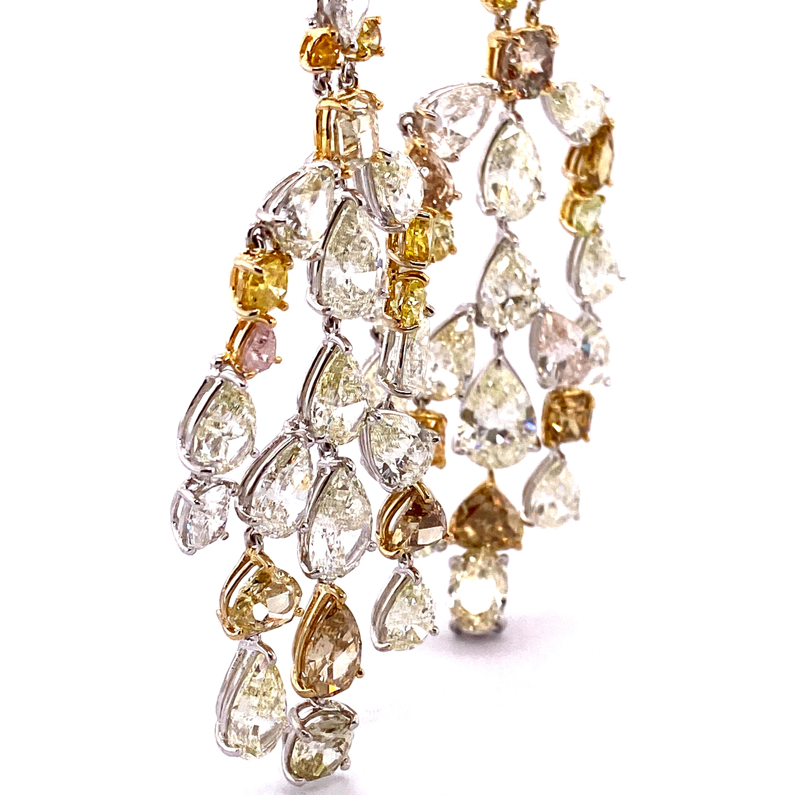57.64 Carat Fancy Coloured Diamonds and White Diamond Chandelier Gold Earrings For Sale 2