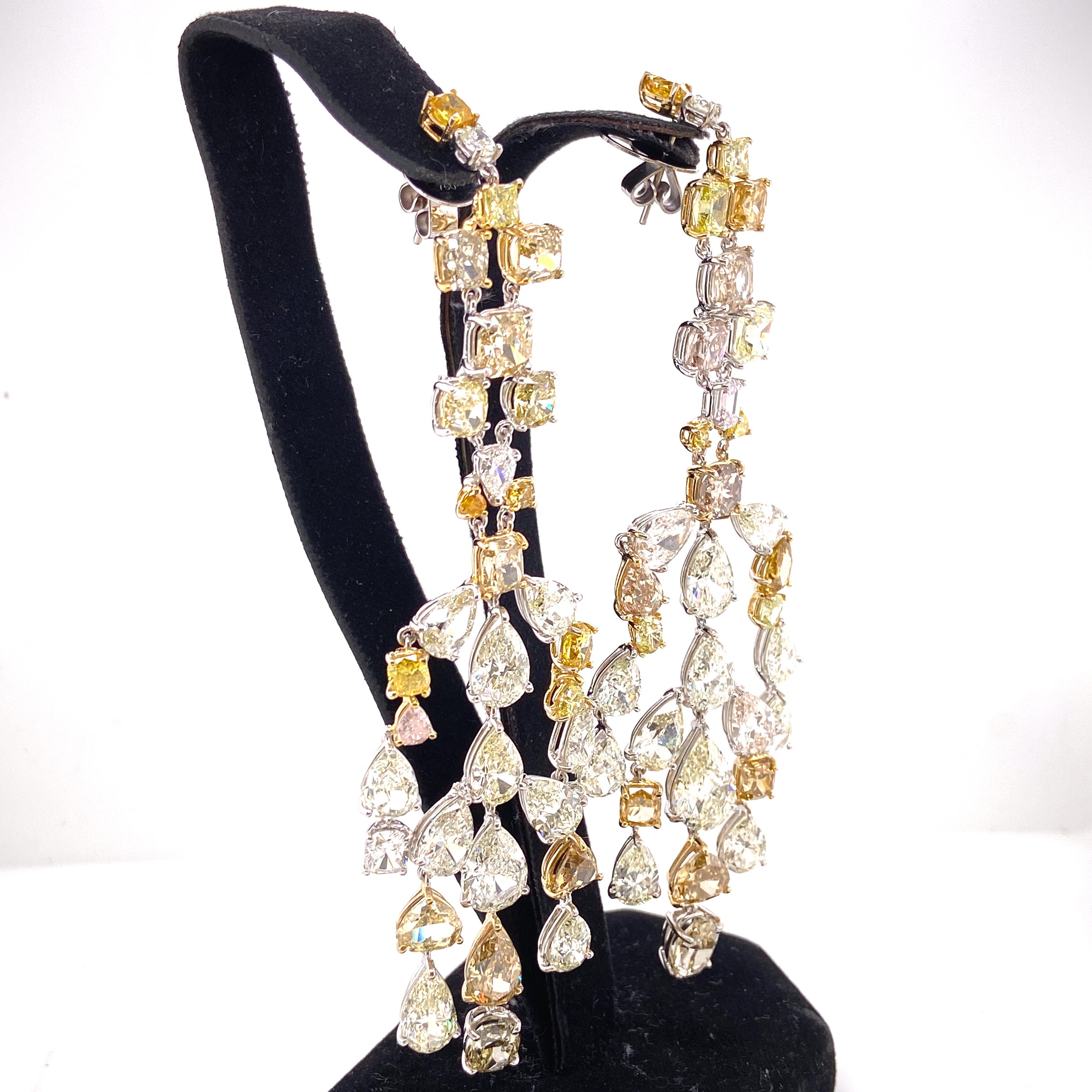 57.64 Carat Fancy Coloured Diamonds and White Diamond Chandelier Gold Earrings For Sale 5
