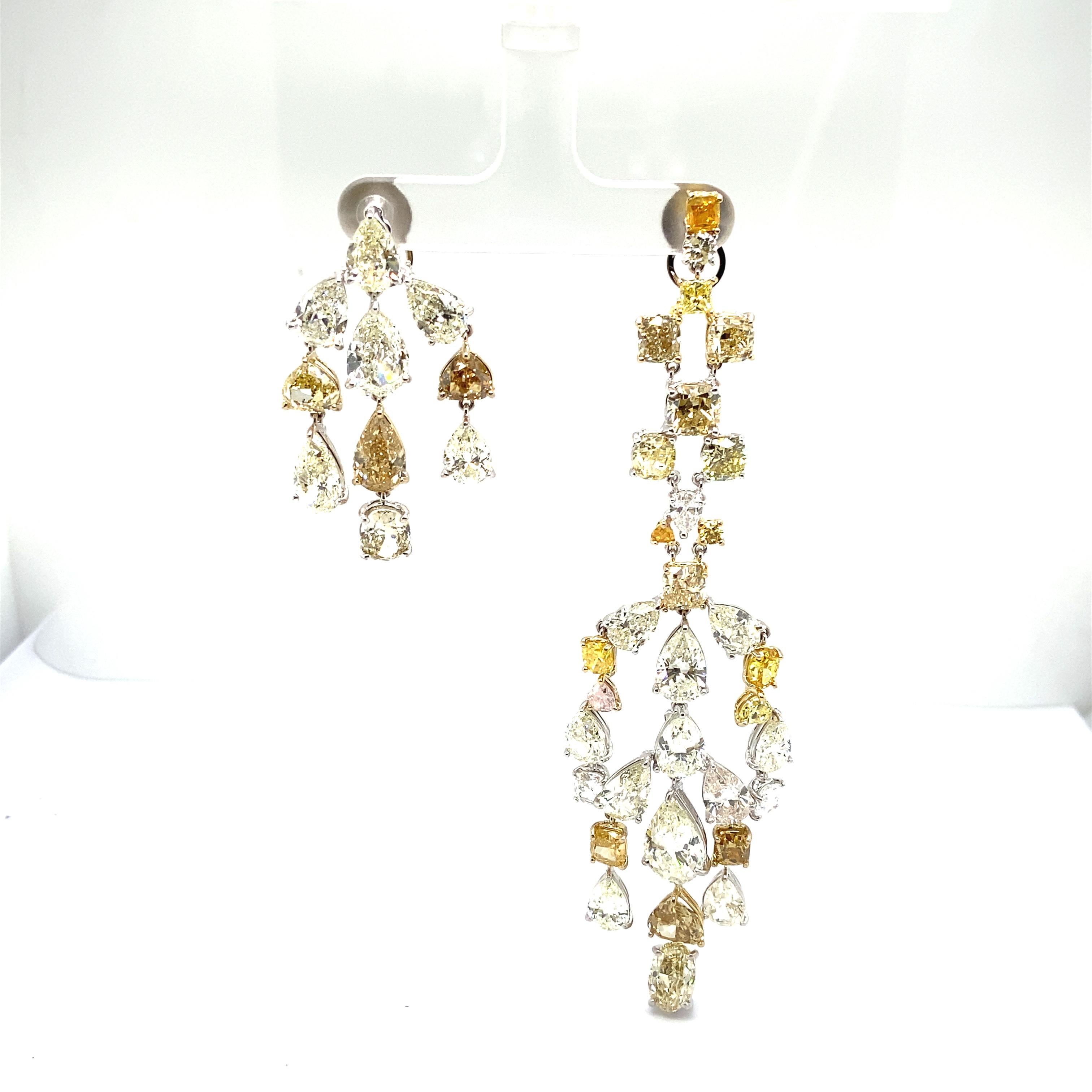 57.64 Carat Fancy Coloured Diamonds and White Diamond Chandelier Gold Earrings For Sale 10