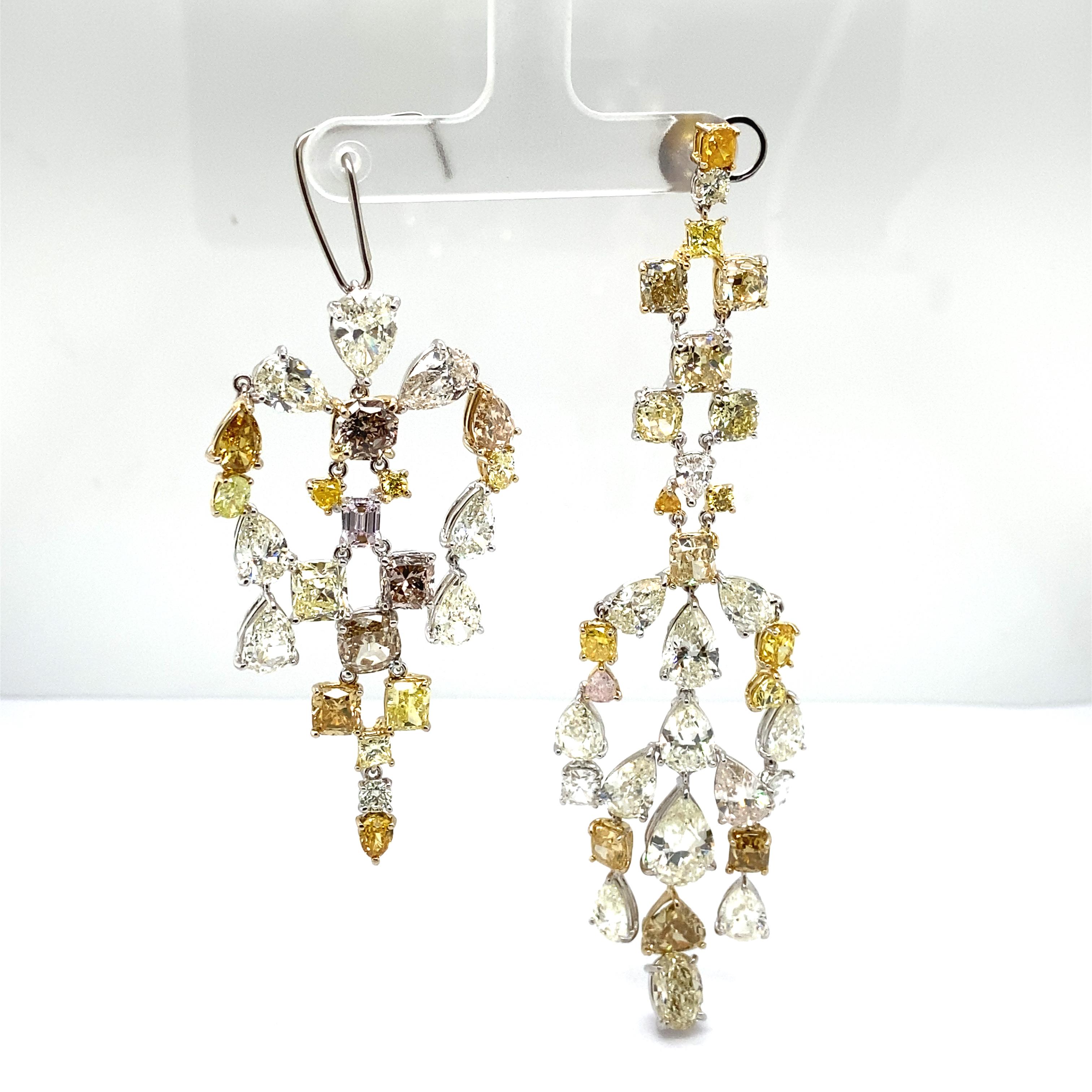 57.64 Carat Fancy Coloured Diamonds and White Diamond Chandelier Gold Earrings For Sale 11
