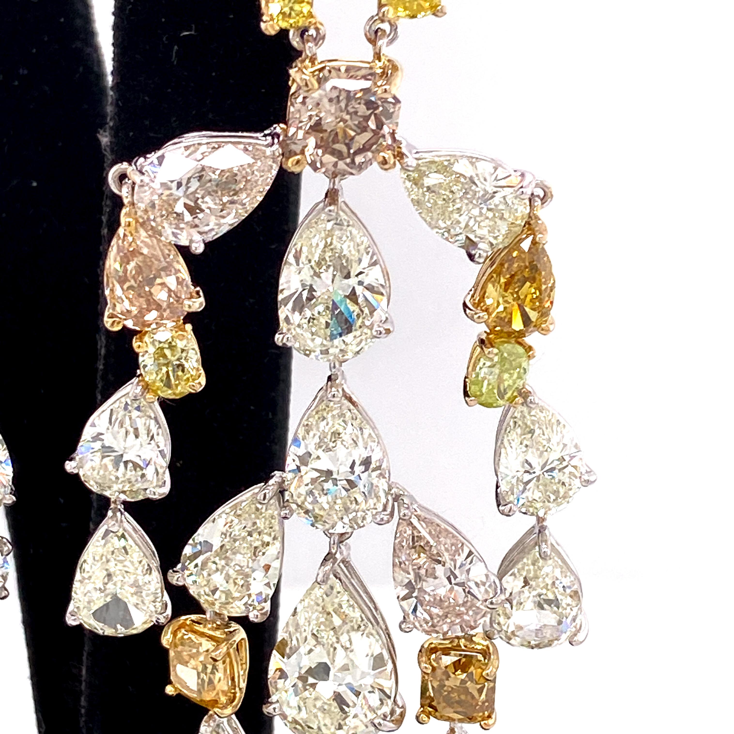 57.64 Carat Fancy Coloured Diamonds and White Diamond Chandelier Gold Earrings For Sale 3