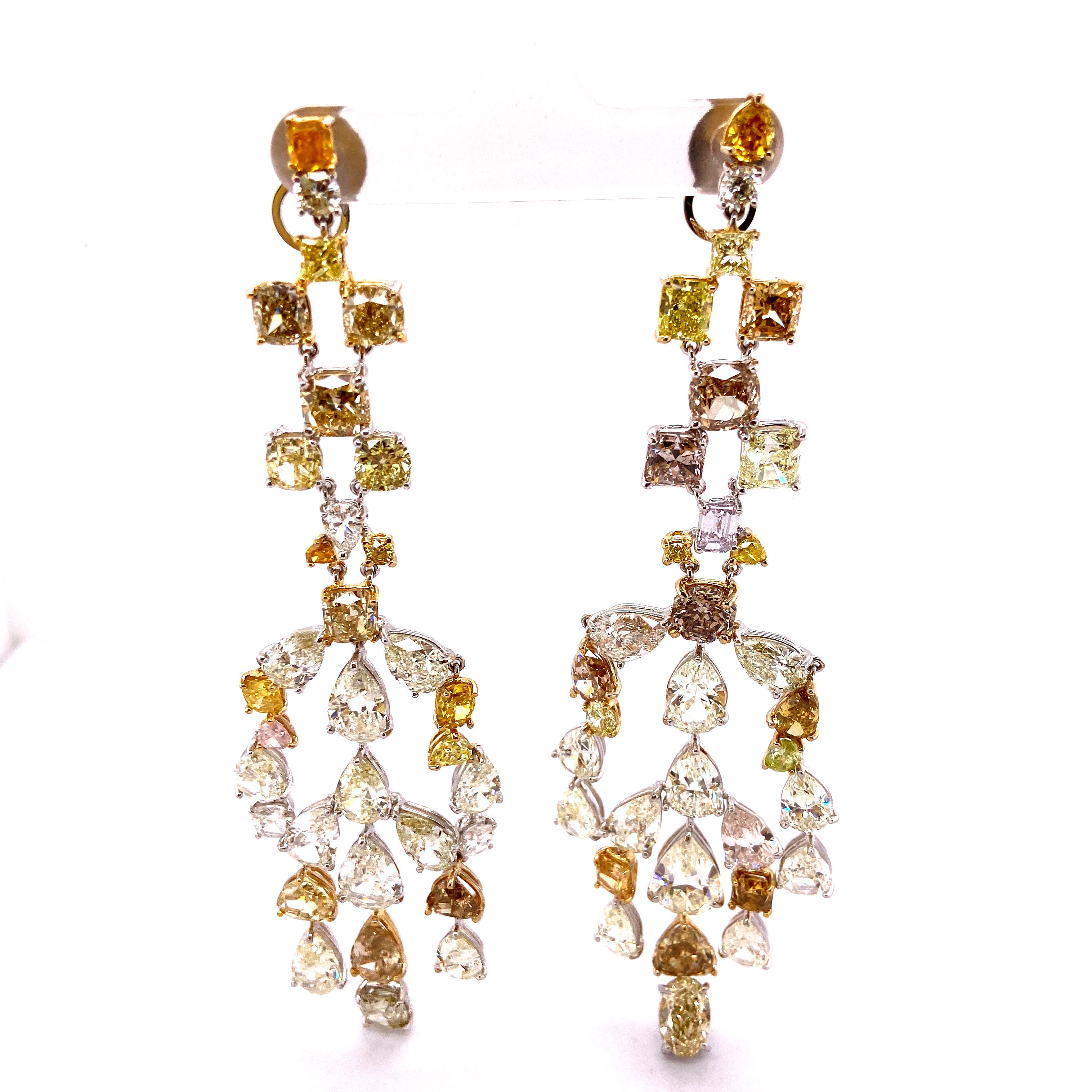 Contemporary 57.64 Carat Fancy Coloured Diamonds and White Diamond Chandelier Gold Earrings For Sale