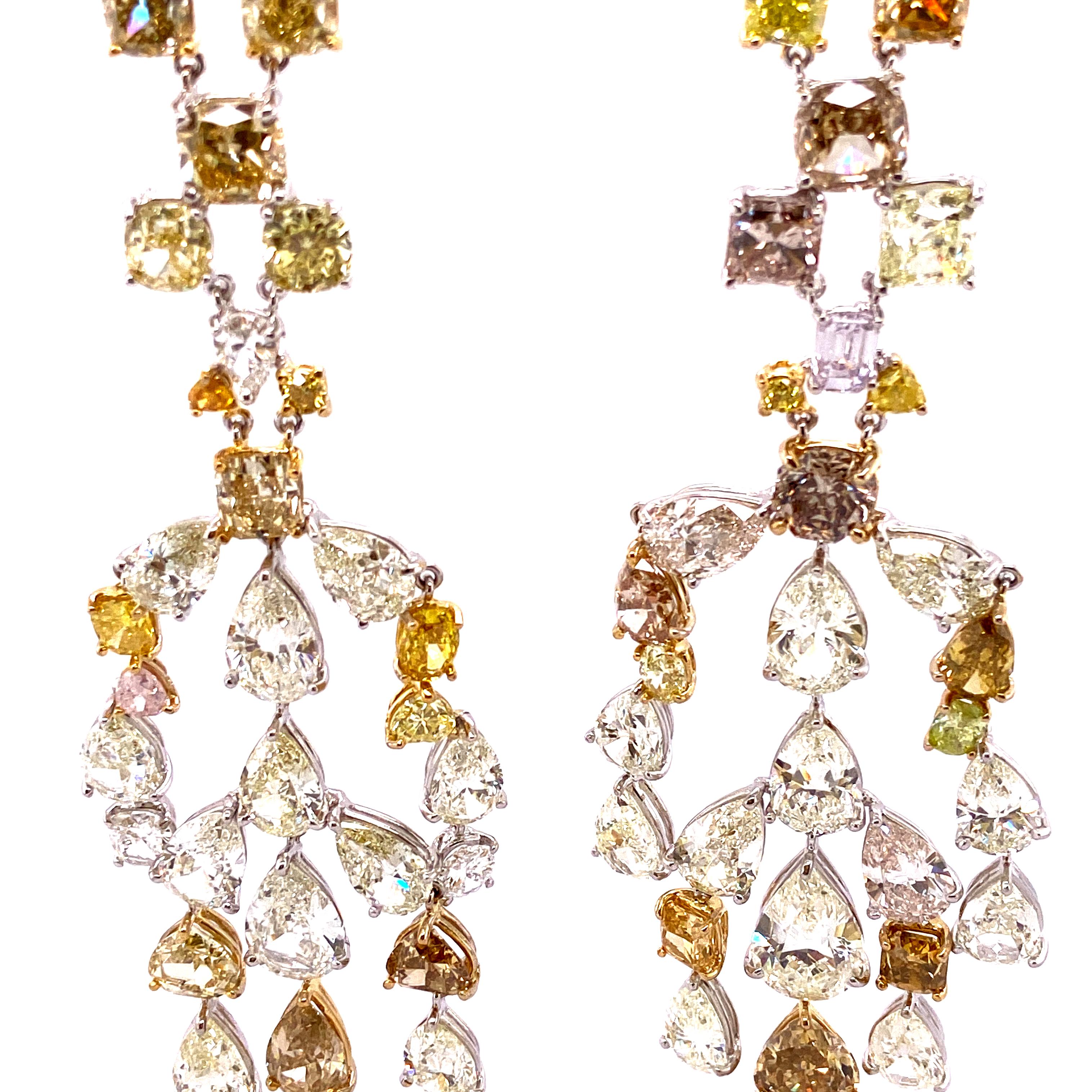Cushion Cut 57.64 Carat Fancy Coloured Diamonds and White Diamond Chandelier Gold Earrings For Sale