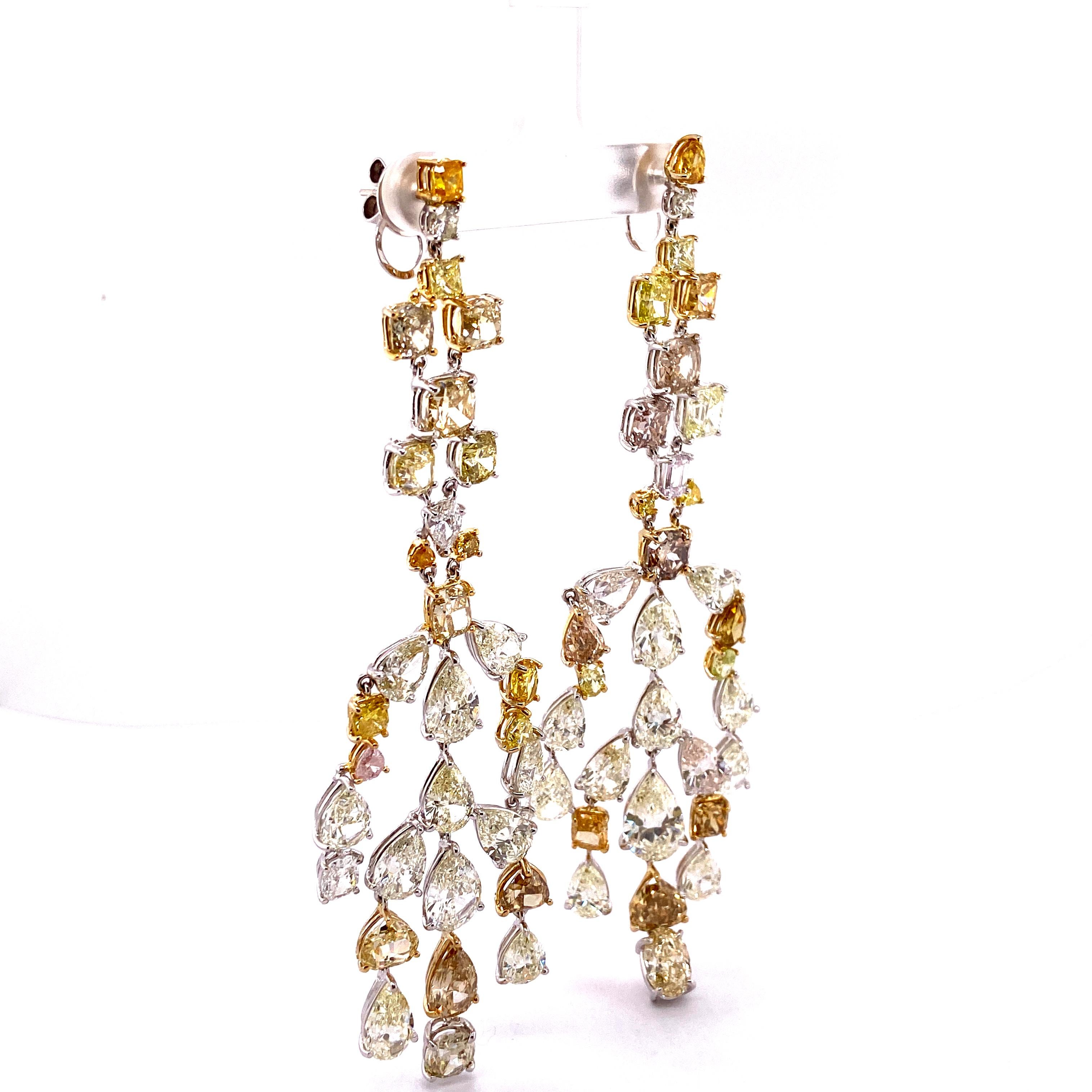 Women's 57.64 Carat Fancy Coloured Diamonds and White Diamond Chandelier Gold Earrings For Sale
