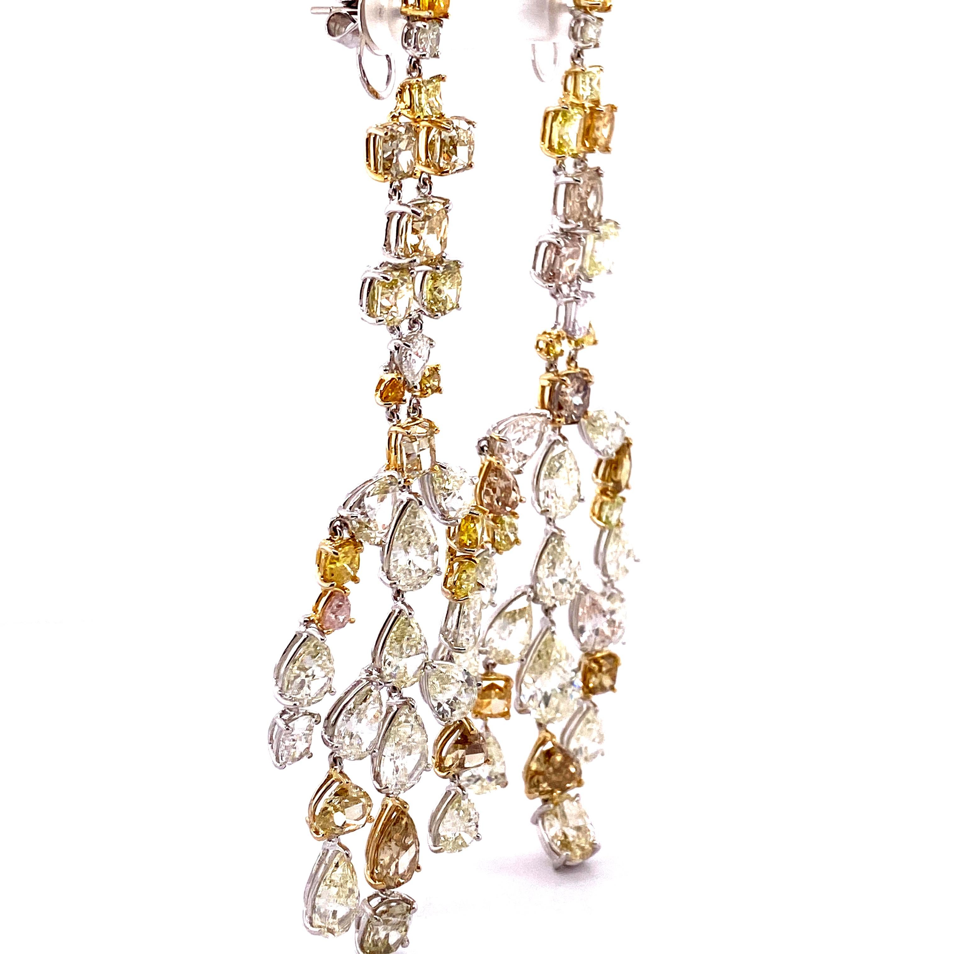 57.64 Carat Fancy Coloured Diamonds and White Diamond Chandelier Gold Earrings For Sale 1