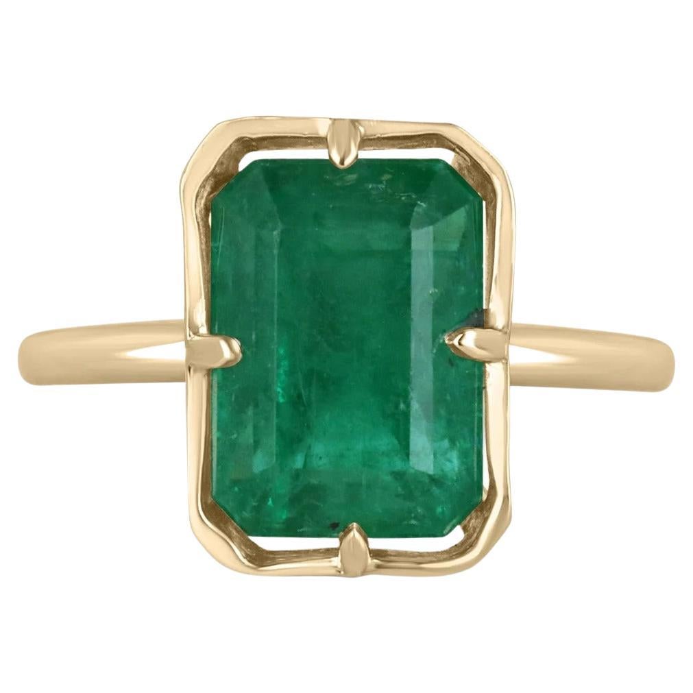 5.76ct 14K Open Basket Rich Lush Green Emerald Cut Emerald Solitaire 4Prong Ring For Sale