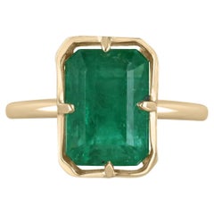 Used 5.76ct 14K Open Basket Rich Lush Green Emerald Cut Emerald Solitaire 4Prong Ring