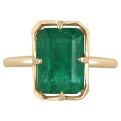 5.76ct 14K Open Basket Rich Lush Green Emerald Cut Emerald Solitaire 4Prong Ring