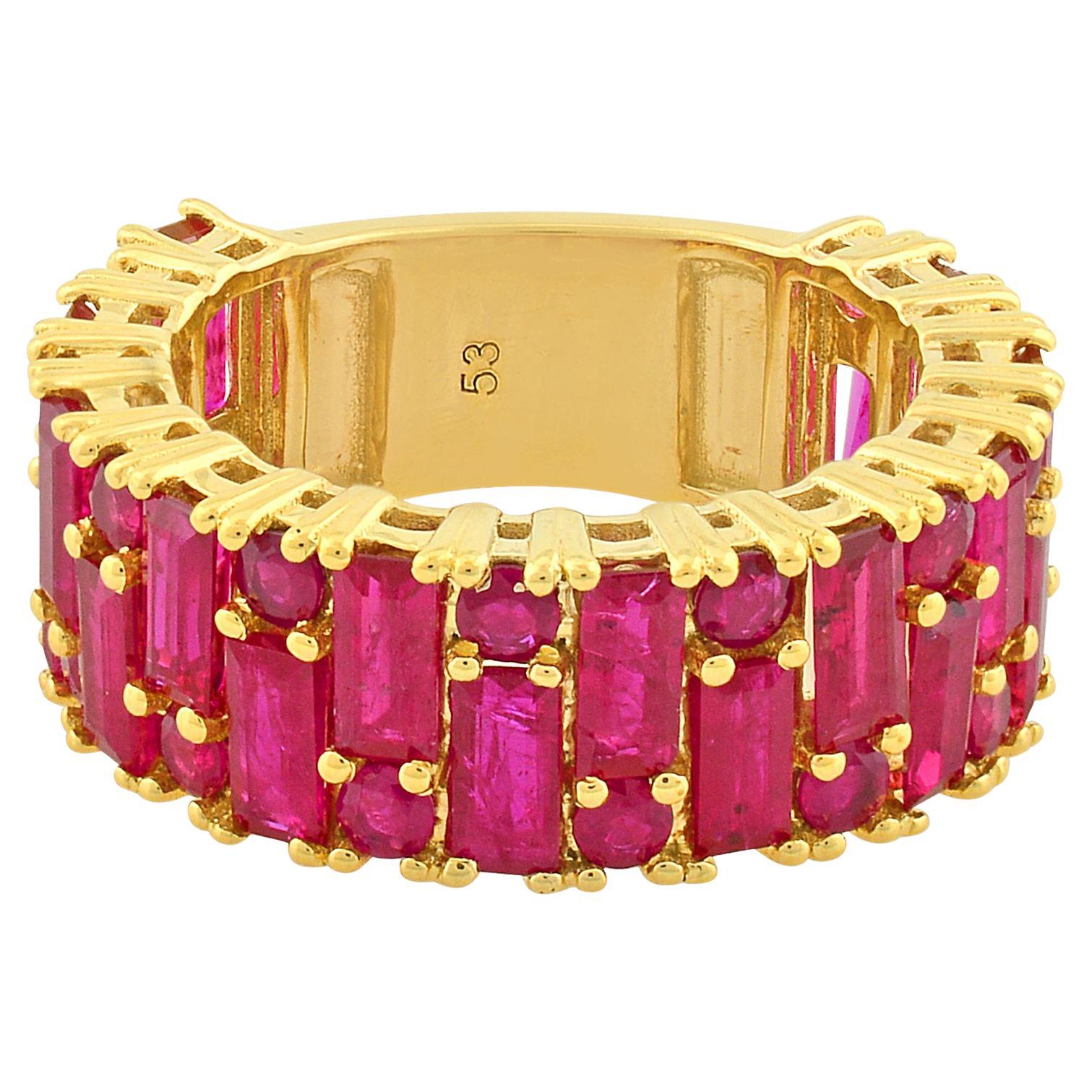 5.76Ct Multi Cut Natural Ruby Wide Band Ring 18k Yellow Gold Fine Jewelry