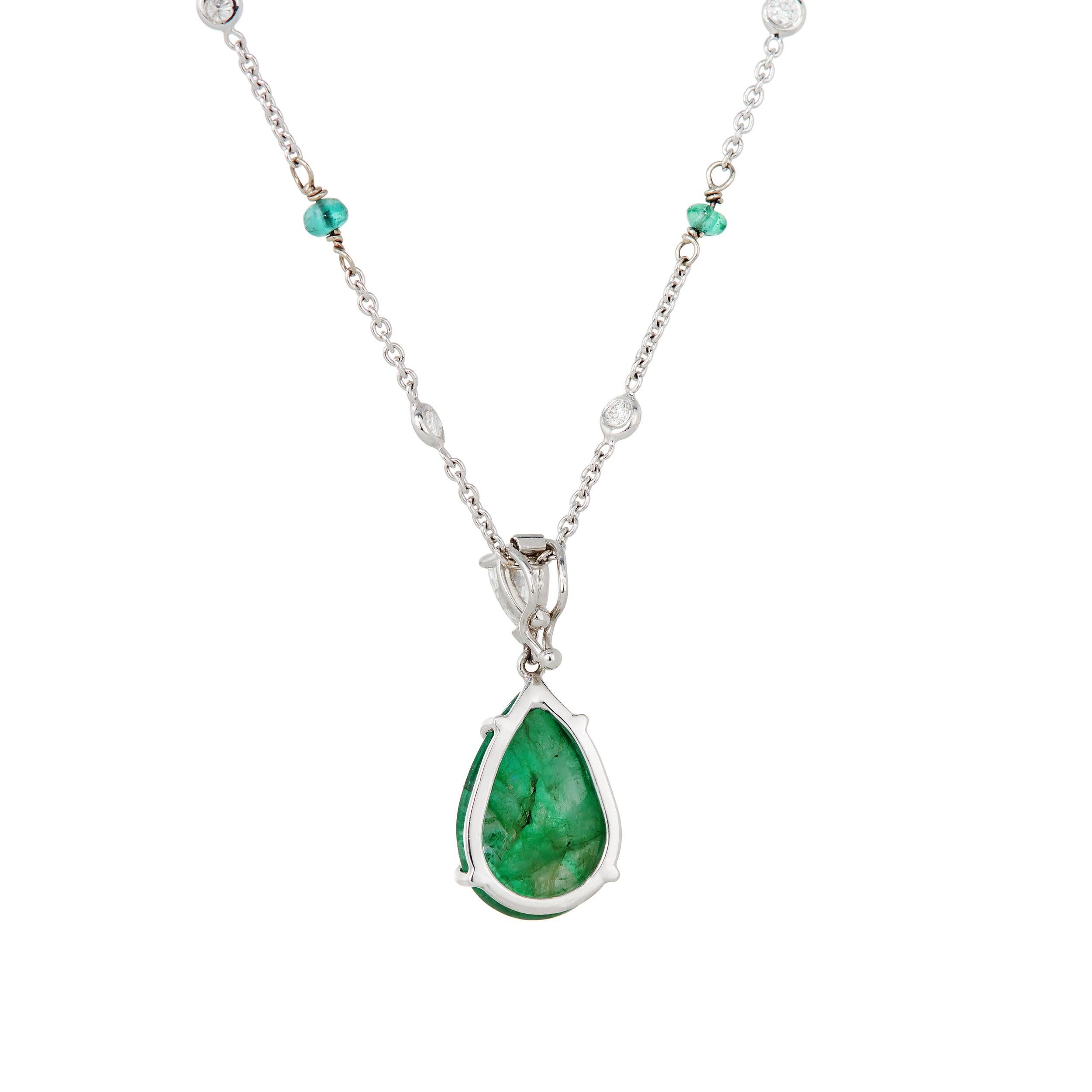 Modern 5.77 Carat Emerald and Diamond Necklace in Platinum with Diamonds by Yard Chain