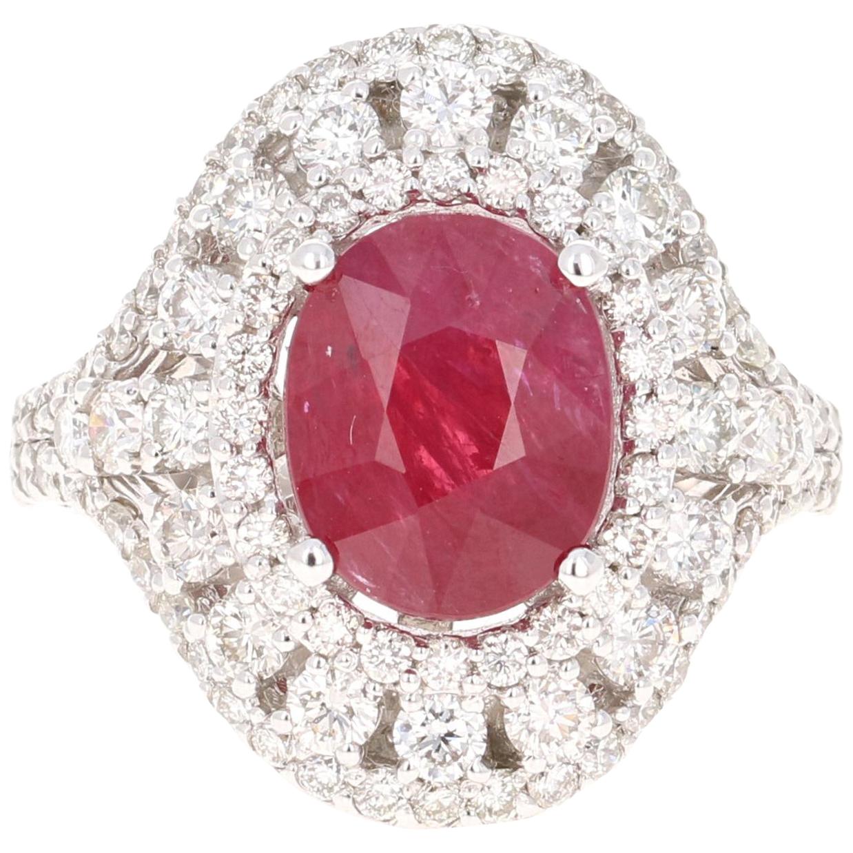 Contemporary 5.77 Carat Ruby Diamond 14 Karat White Gold Cocktail Ring For Sale