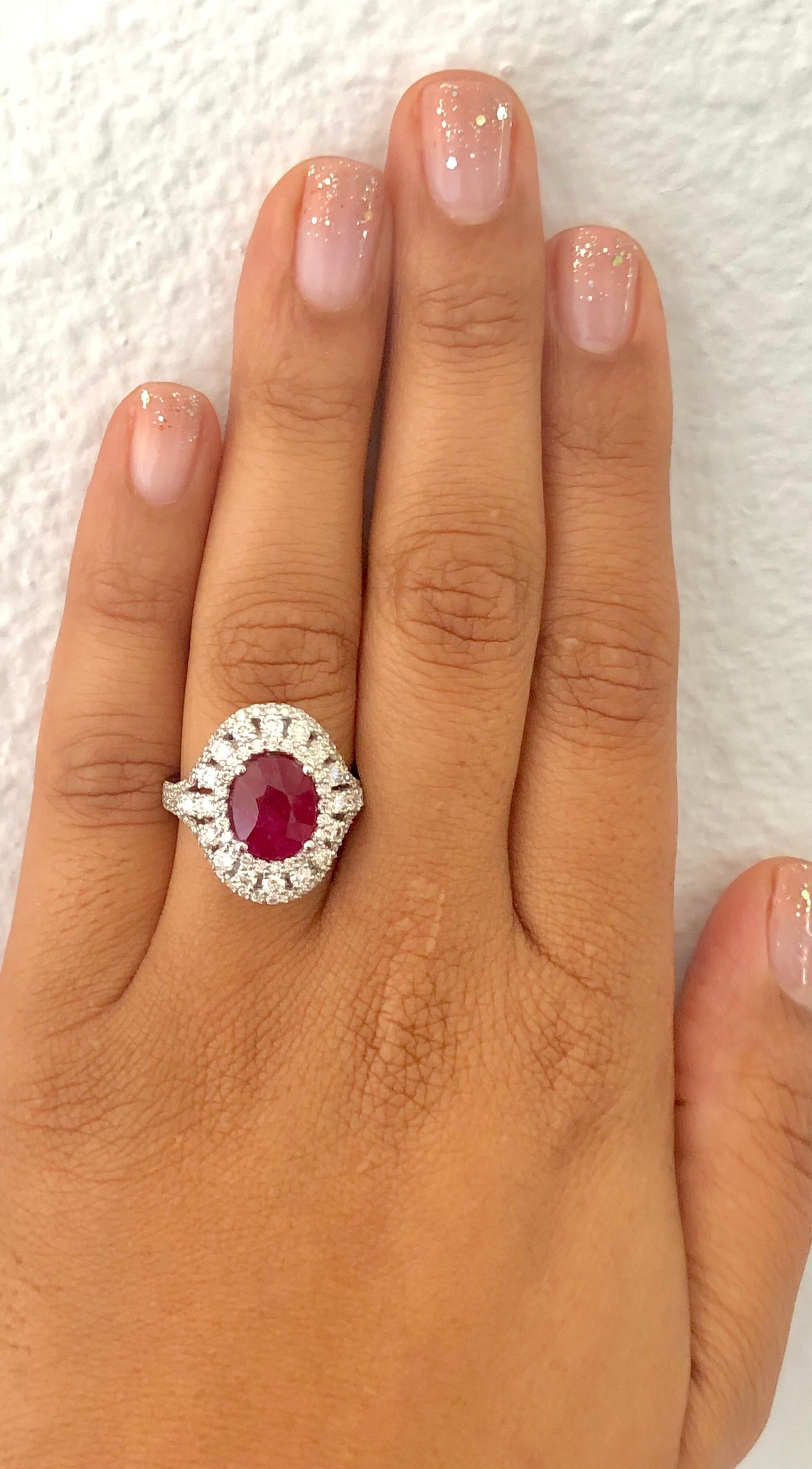 Oval Cut 5.77 Carat Ruby Diamond 14 Karat White Gold Cocktail Ring For Sale