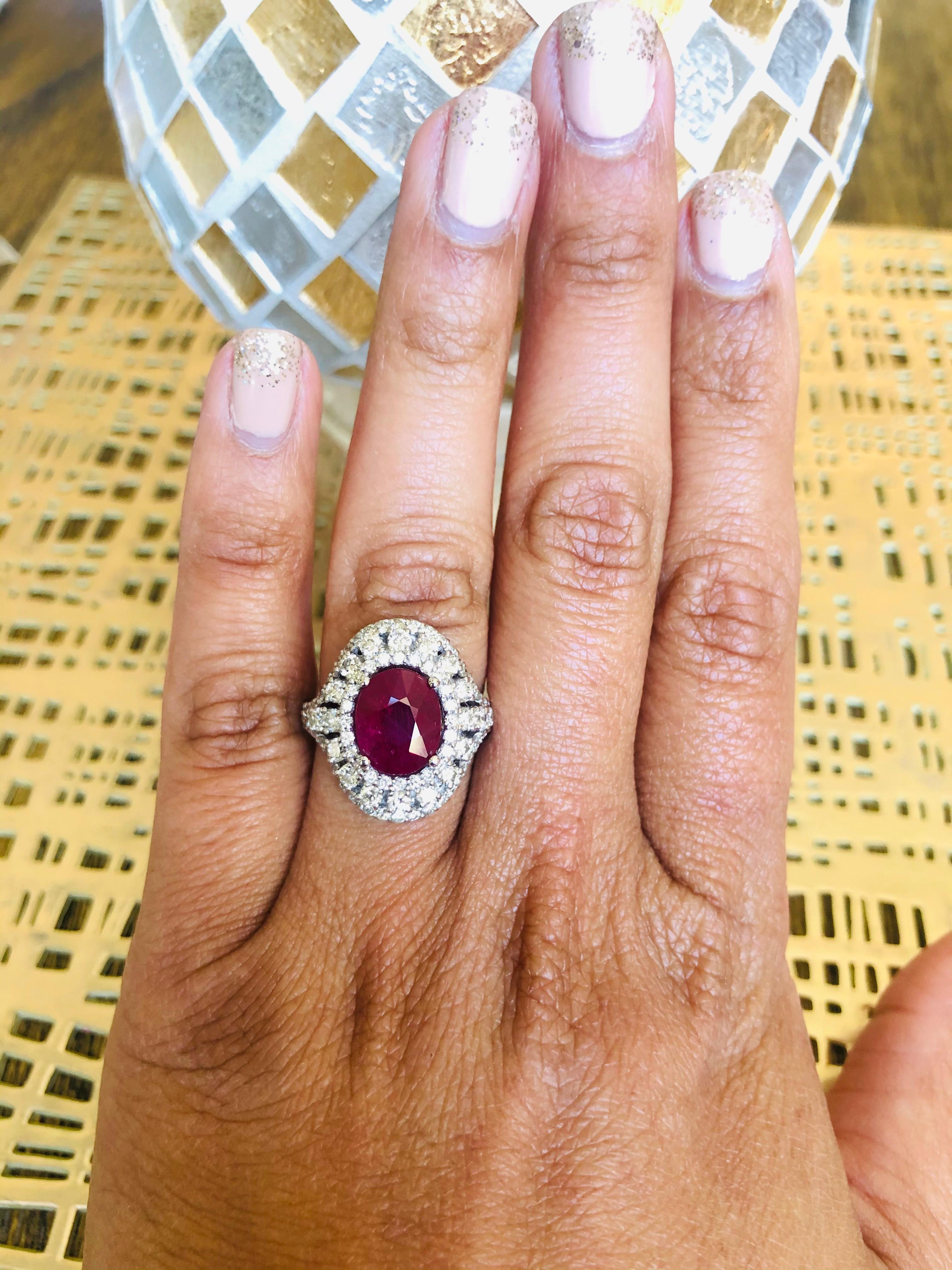 5.77 Carat Ruby Diamond 14 Karat White Gold Cocktail Ring In New Condition For Sale In Los Angeles, CA