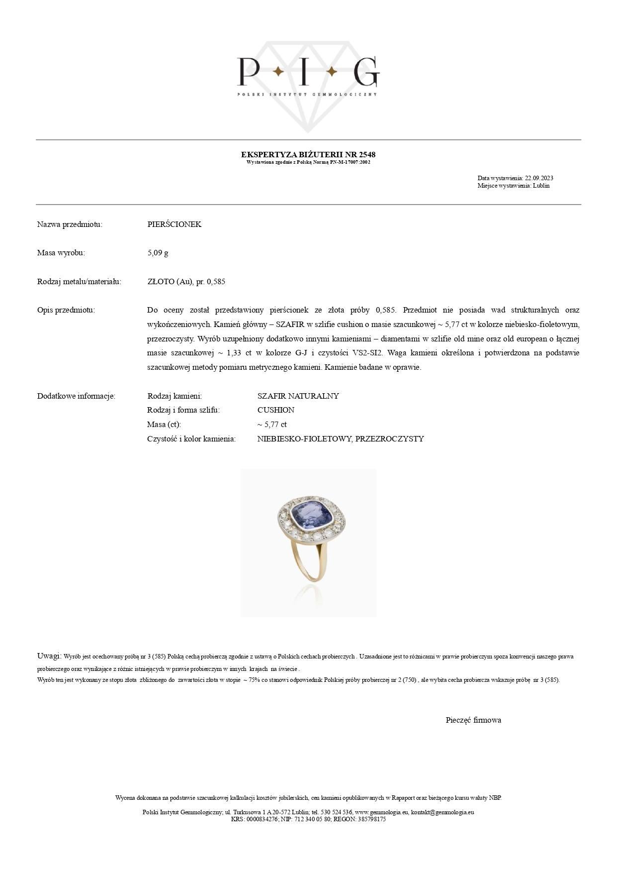 Bague halo en or jaune 14K avec saphir de 5,77 carats et diamant de 1,33 carat Neuf - En vente à Warszawa, PL
