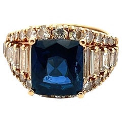 5.77 Carat Sapphire 1.54 Carat Baguette and Round Diamond 14K YG Cocktail Ring
