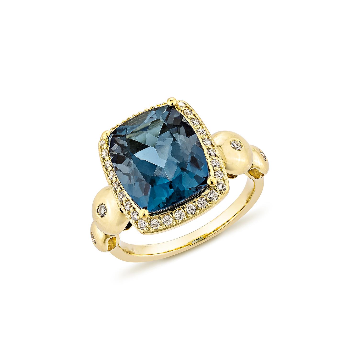 Contemporary 5.78 Carat London Blue Topaz Fancy Ring in 18Karat Yellow Gold with Diamond. For Sale