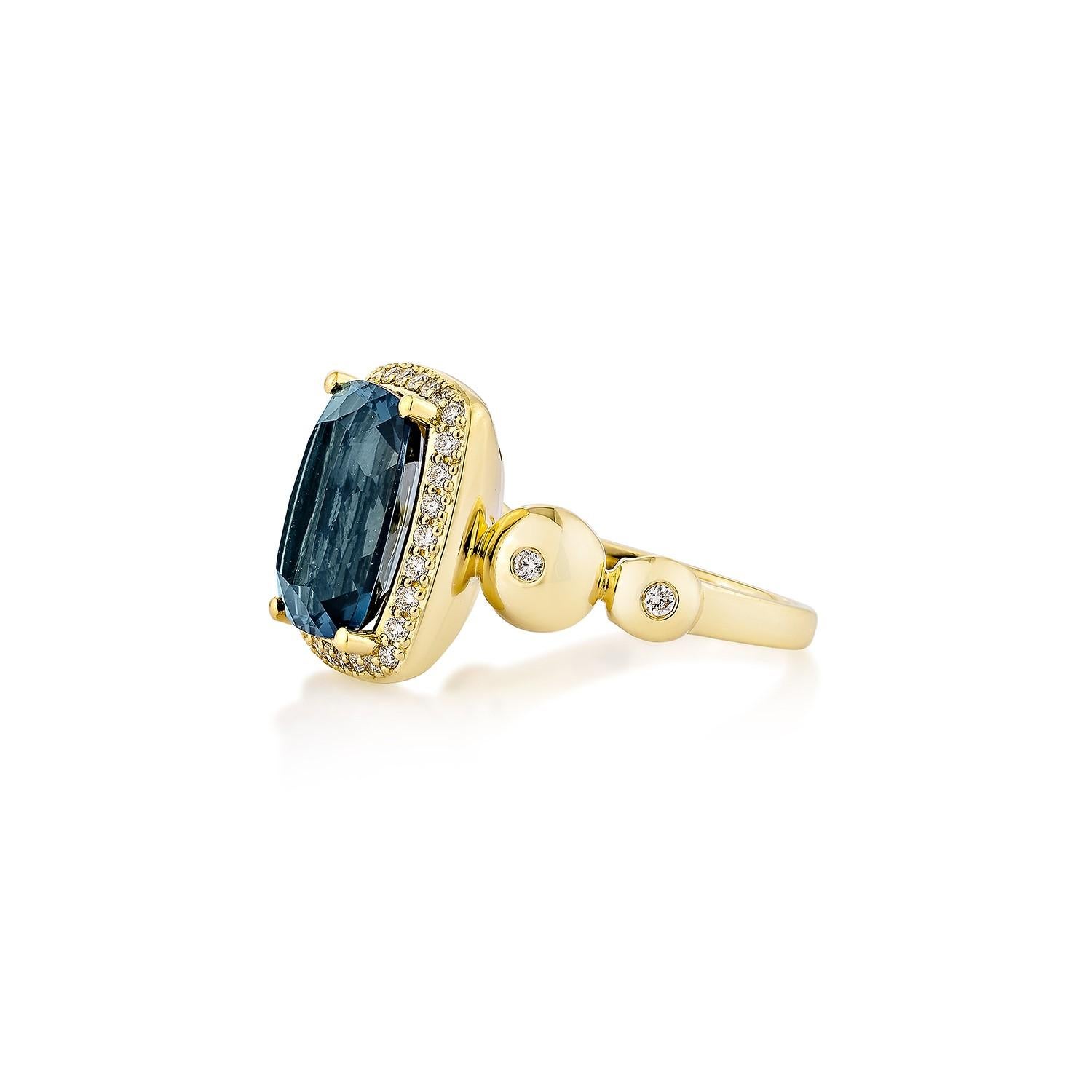 Cushion Cut 5.78 Carat London Blue Topaz Fancy Ring in 18Karat Yellow Gold with Diamond. For Sale