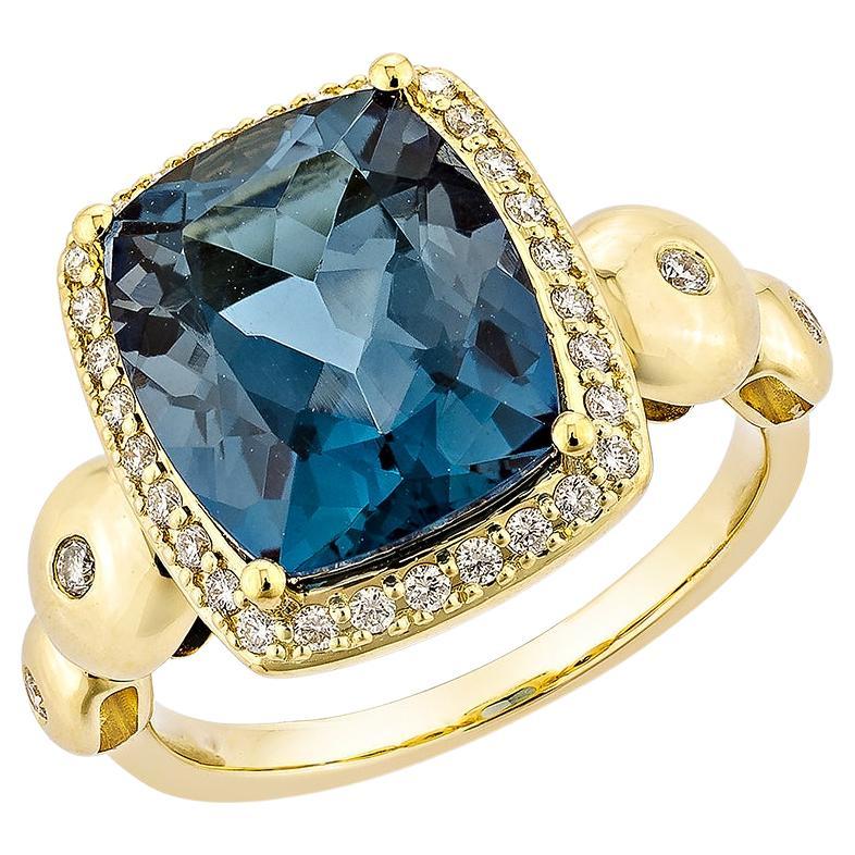 5,78 Karat Londoner Blautopas Ausgefallener Ring aus 18 Karat Gelbgold mit Diamant. im Angebot