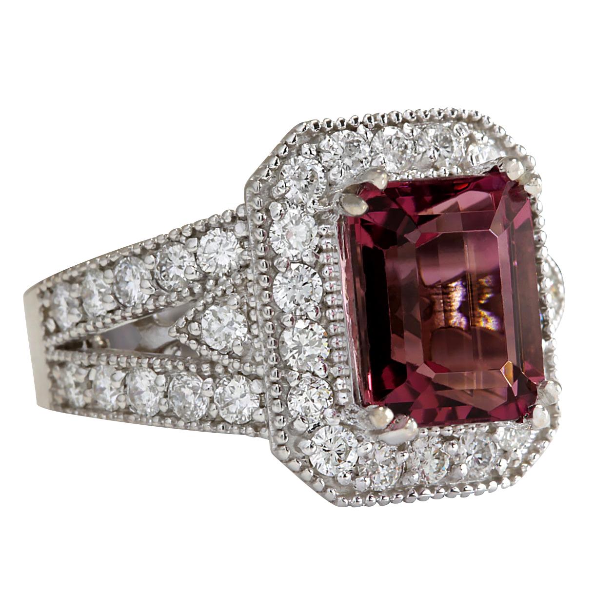 Stamped: 14K White Gold
Total Ring Weight: 10.2 Grams
Total Natural Tourmaline Weight is 4.33 Carat (Measures: 10.00x8.00 mm)
Color: Pink
Total Natural Diamond Weight is 1.45 Carat
Color: F-G, Clarity: VS2-SI1
Face Measures: 15.90x13.60 mm
Sku: