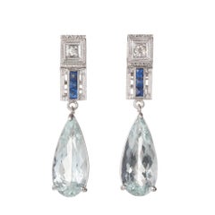 Antique 5.78 Carat Pear Shape Aqua Sapphire Diamond Dangle Gold Earrings