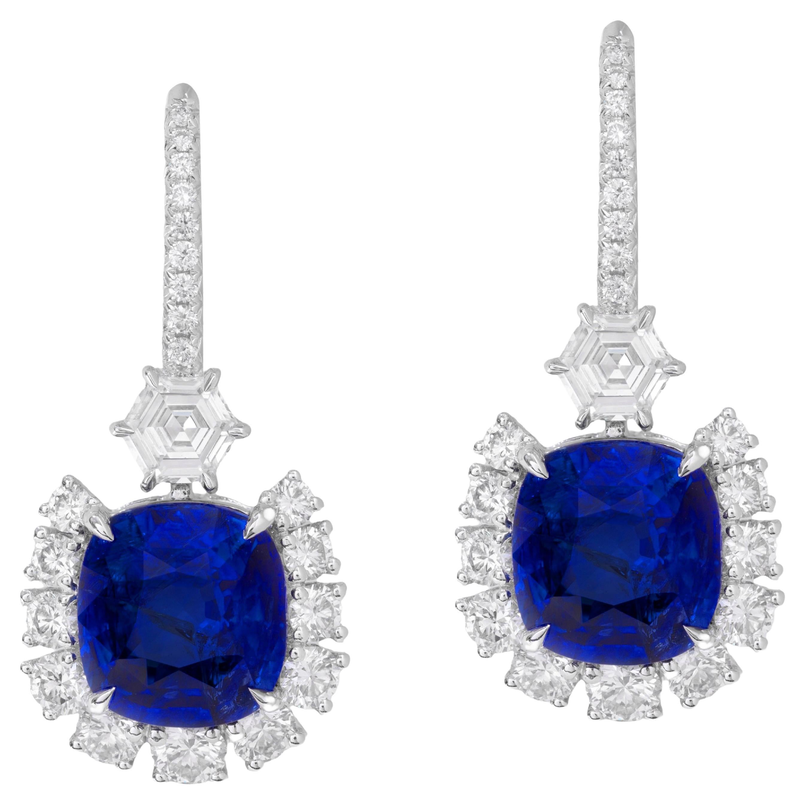 5.78 Carat Sapphire Drop Earrings With 1.58 CT of Diamonds in 18K/PLAT Ref614