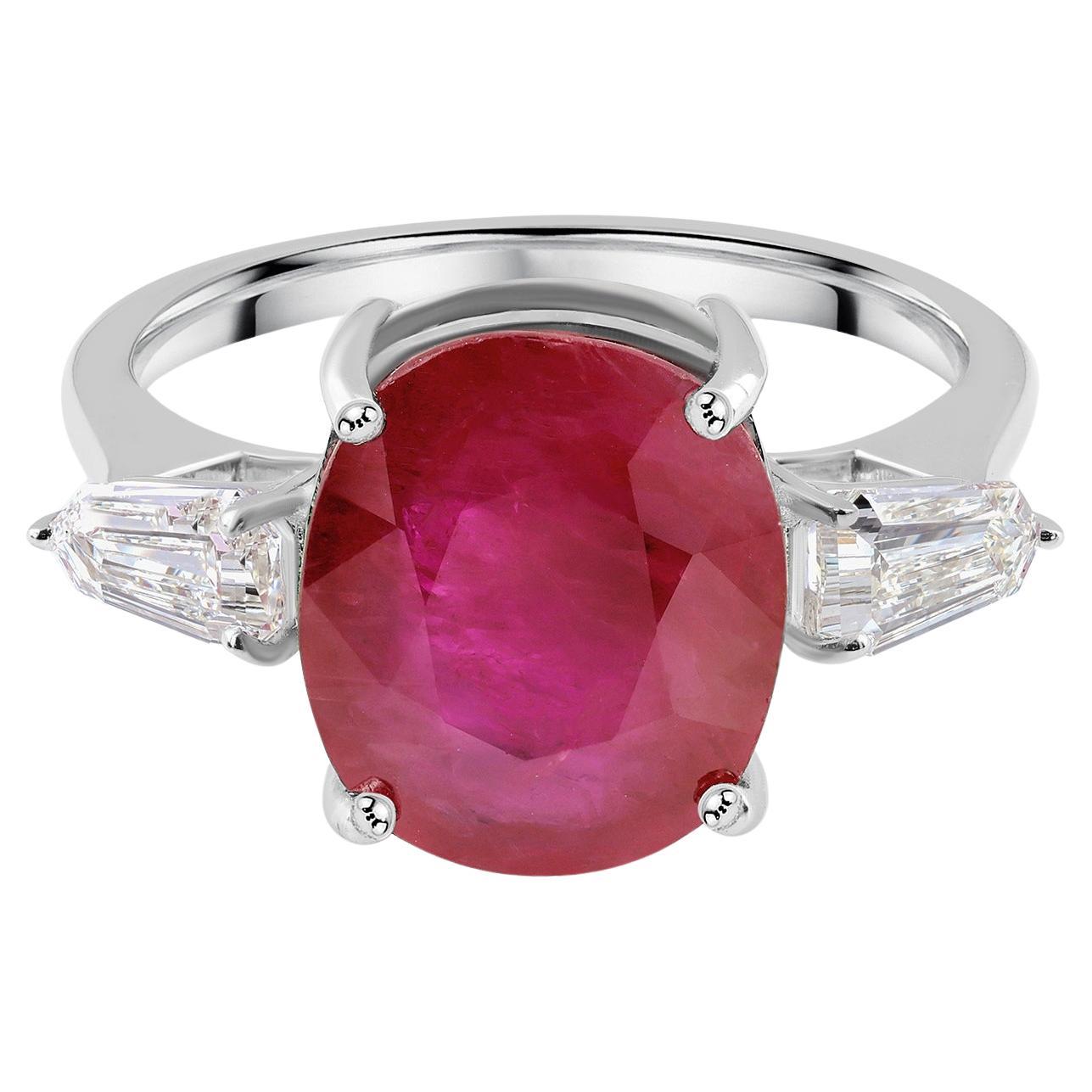 For Sale:  5.78 TCW Ruby Diamond Three Stone Engagement Ring 14k White Gold