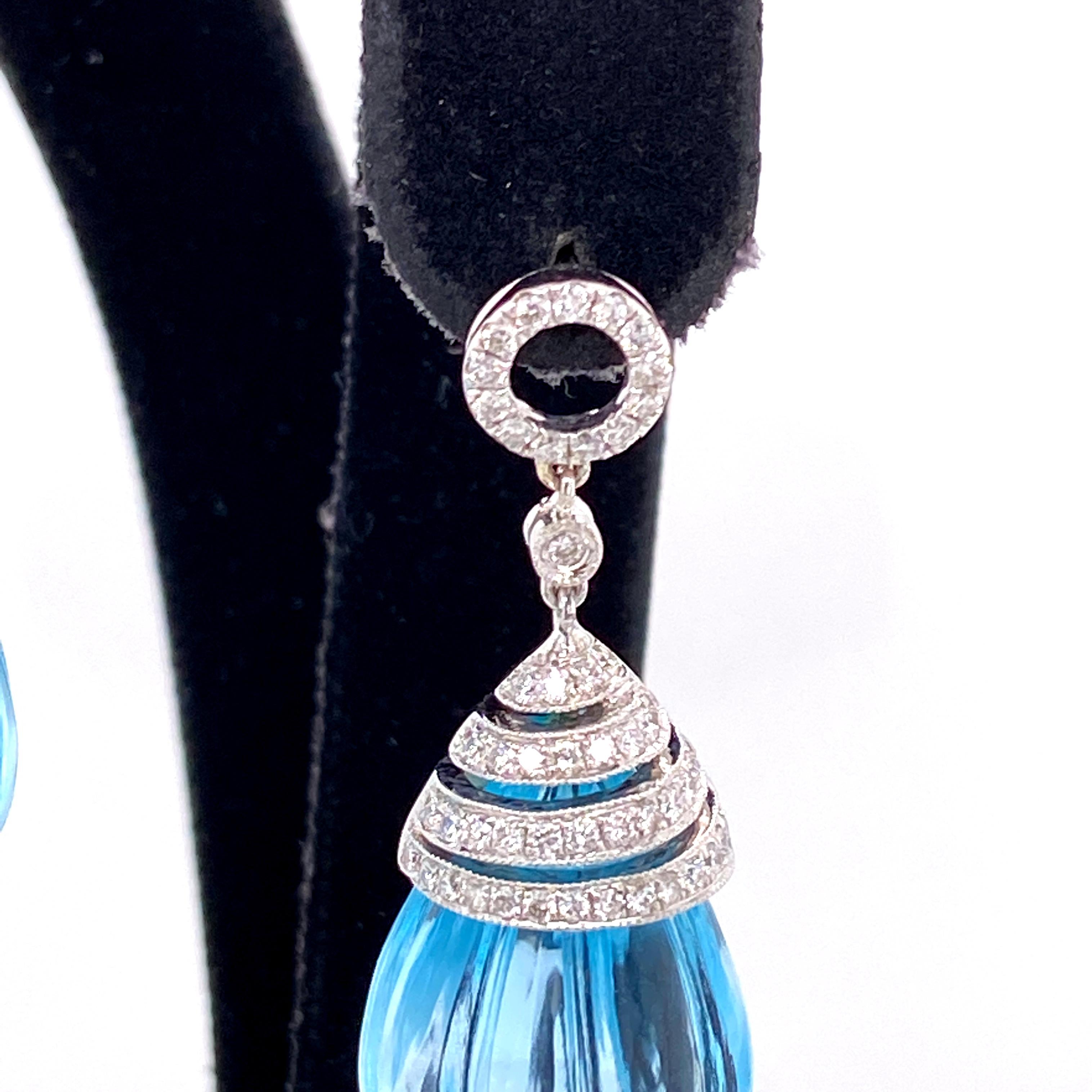 Tumbled 57.82 Carat Carved Blue Topaz Drops and White Diamond Gold Earrings For Sale