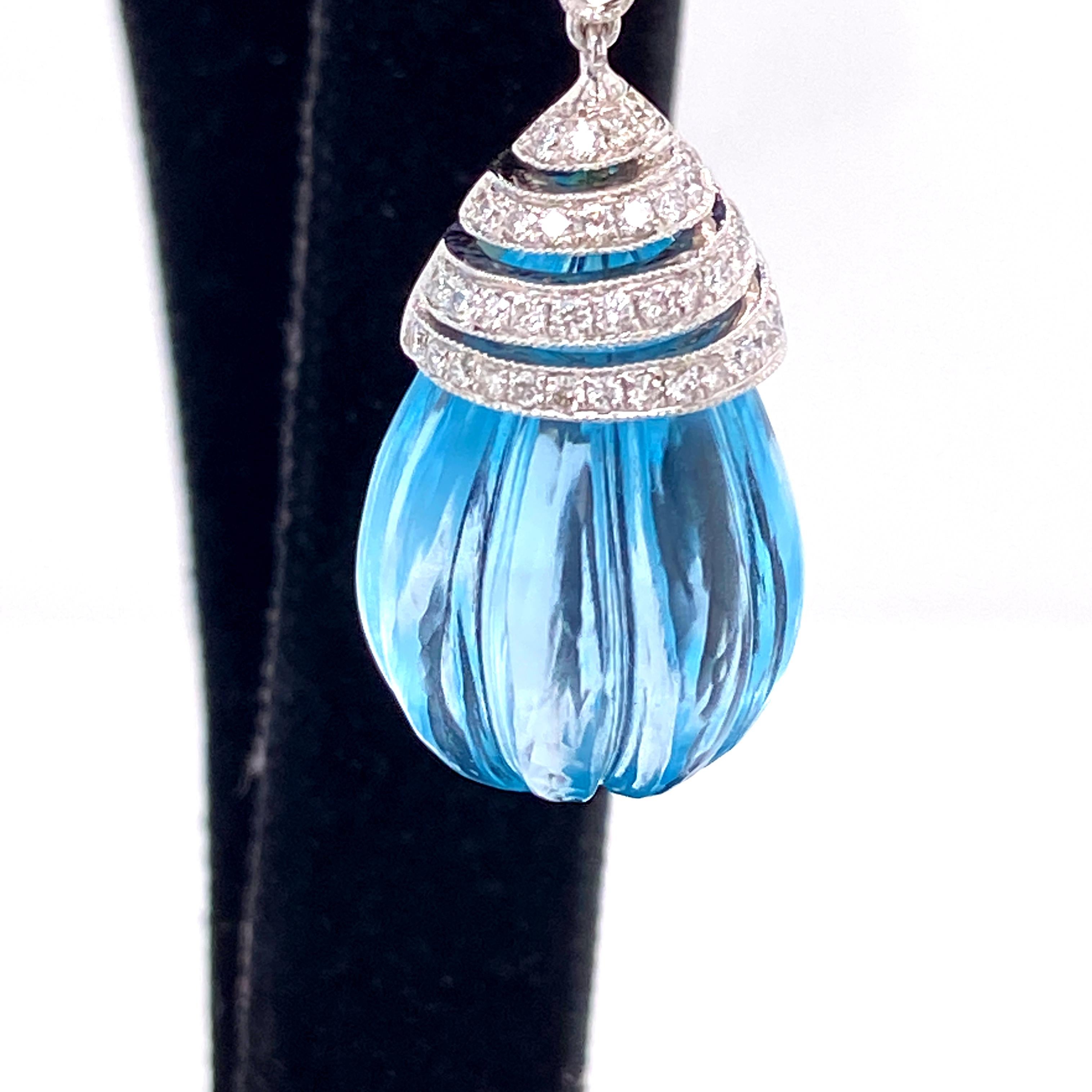 57.82 Carat Carved Blue Topaz Drops and White Diamond Gold Earrings In New Condition For Sale In Hong Kong, HK