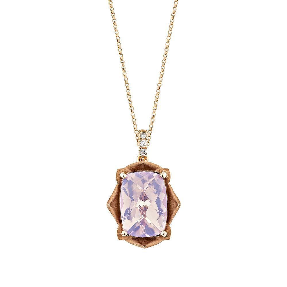 This Fancy Lavender Quartz Pendant Cushion shape with Chackerboard cut. Accented with diamonds this pendant is made in rose gold and present a beautiful yet elegant look.

Lavender Quartz Pendant in 18Karat Rose Gold with White Diamond.

Lavender