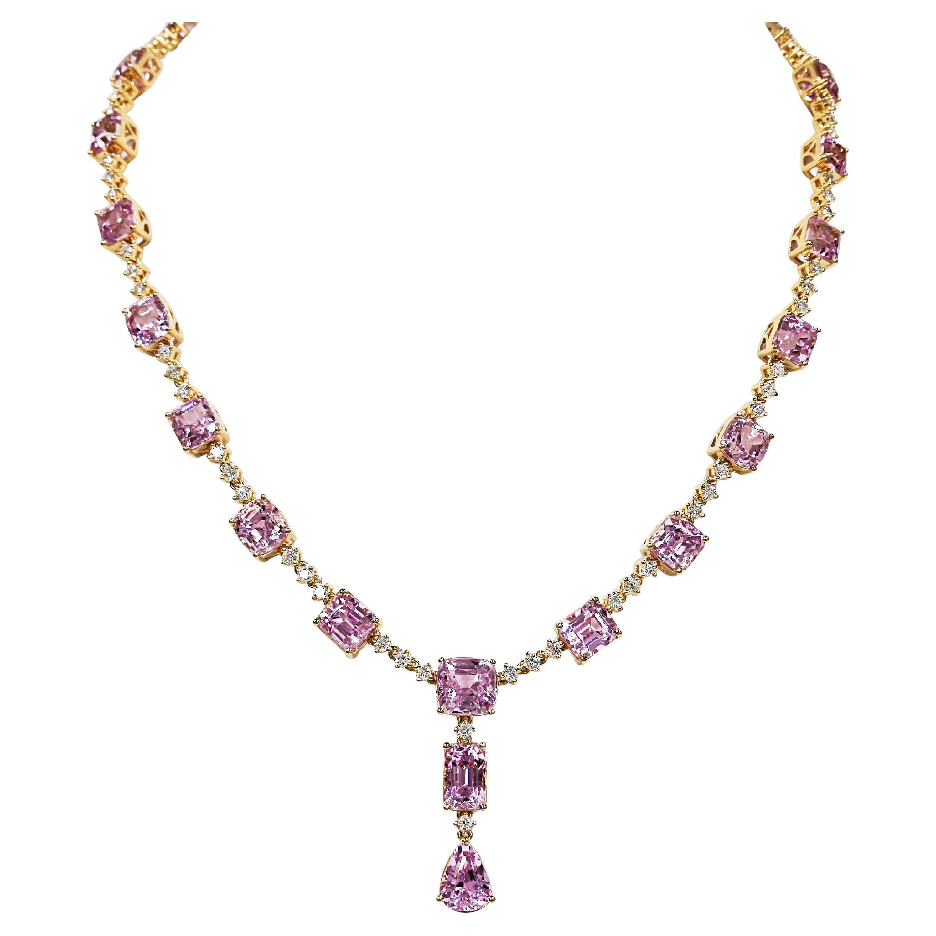 57.88 Carats Kunzite and White Diamond Yellow Gold Necklace For Sale