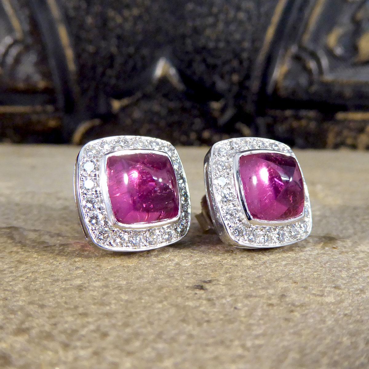 Modern 5.78ct Sugarloaf Cut Pink Tourmaline & Diamond Stud Earrings in 18ct White Gold