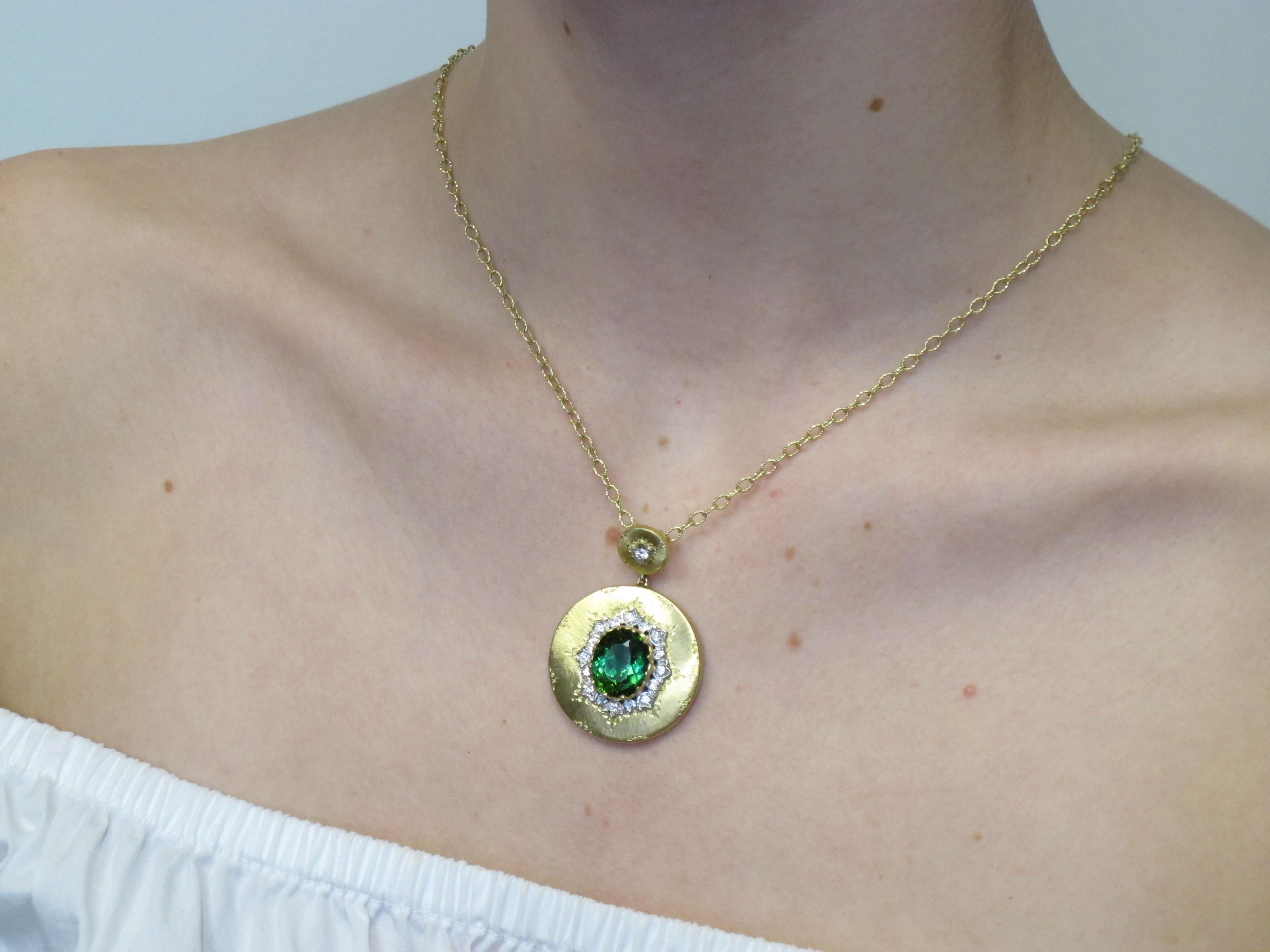 Florentine Inspired, Green Tourmaline, Diamond Two-toned Gold Drop Necklace In New Condition In Los Angeles, CA