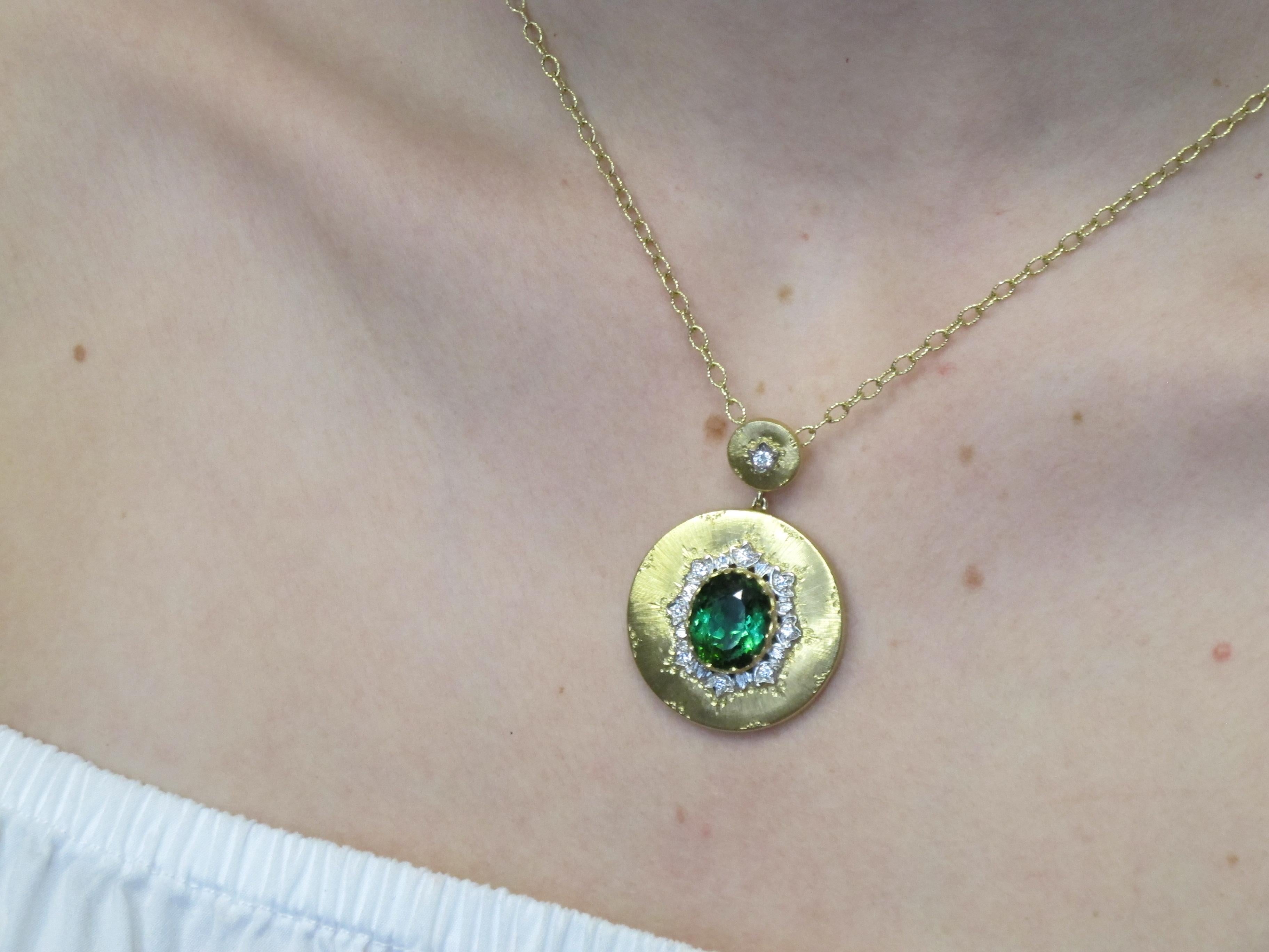 Women's Florentine Inspired, Green Tourmaline, Diamond Two-toned Gold Drop Necklace