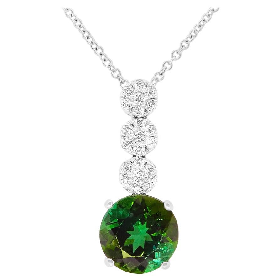 5.79 Carat Round Green Tourmaline and Brilliant Diamond Pendant 14K White Gold