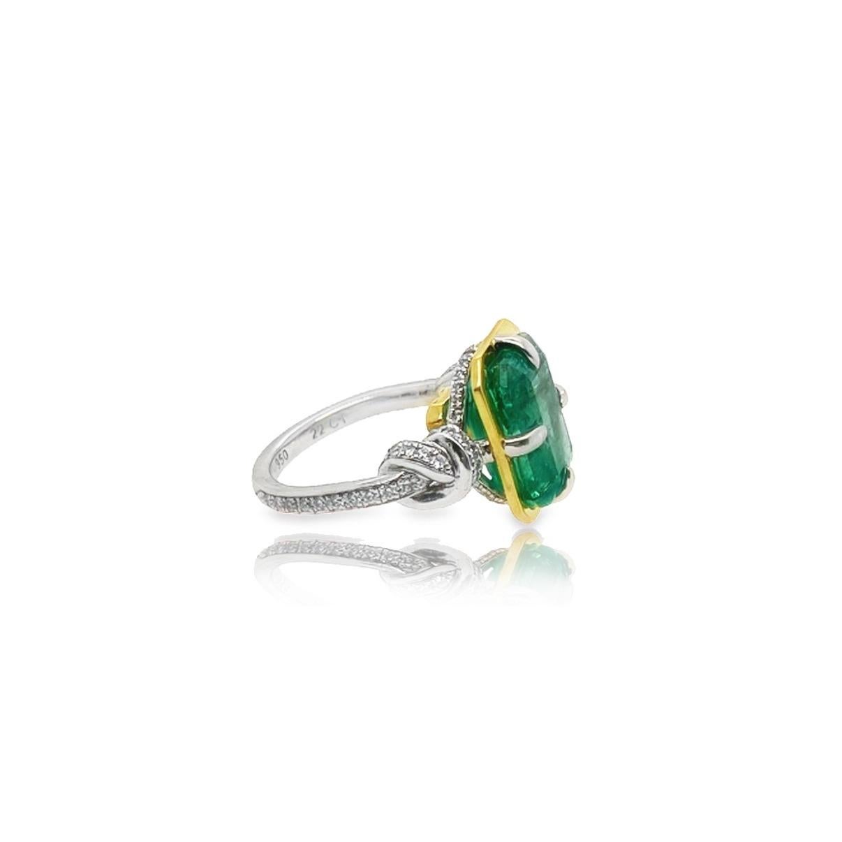Emerald Cut 5.79 Carat Zambian Emerald in Forget Me Knot Style Ring with Diamonds