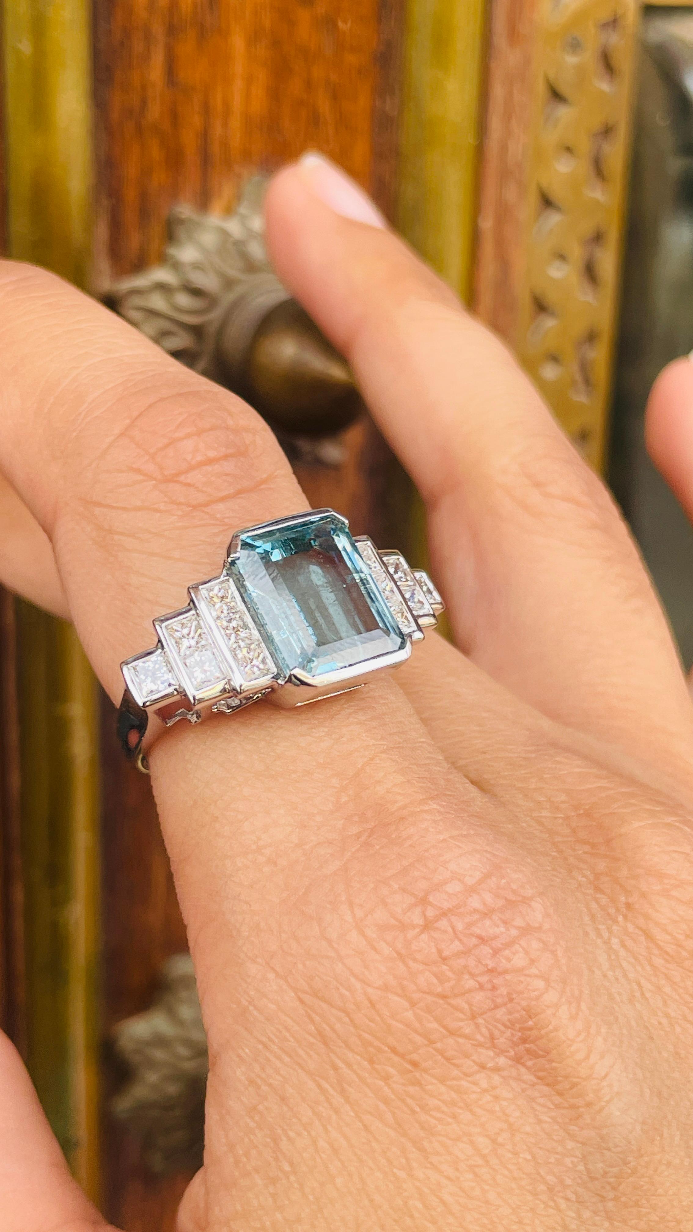 For Sale:  5.79 Carats Aquamarine and Diamond Ring in 18K White Gold 6