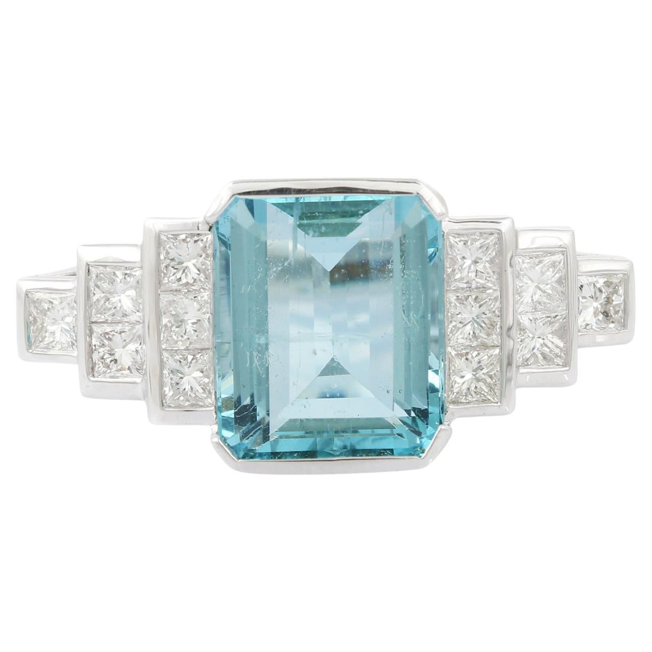 For Sale:  5.79 Carats Aquamarine and Diamond Ring in 18K White Gold