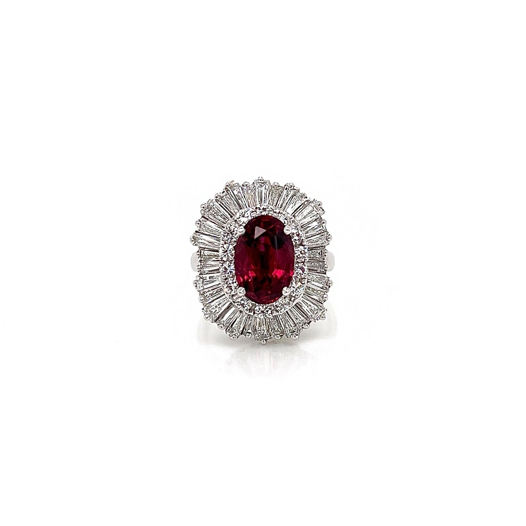5.79 Total Carat Ruby and Diamond Ladies Ring

-Metal Type: Platinum
-2.54 Carat Oval Cut Natural Ruby
-3.25 Carat Round and Baguette Cut Natural side Diamonds. F-G Color, VVS-VS Clarity 

-Size 6.5

Made in New York City.