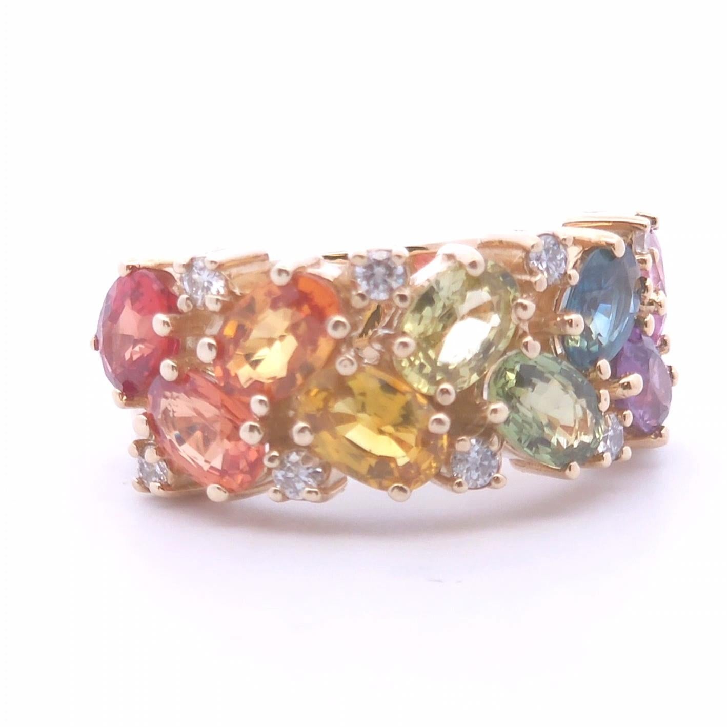 Introducing our exquisite 5.79ct Oval Sapphire Ring, a dazzling masterpiece set in 10k Yellow Gold. 

This Ring is set at a size 6.5

 This stunning ring features a mesmerizing multicolored sapphire, showcasing an array of vibrant hues that catch