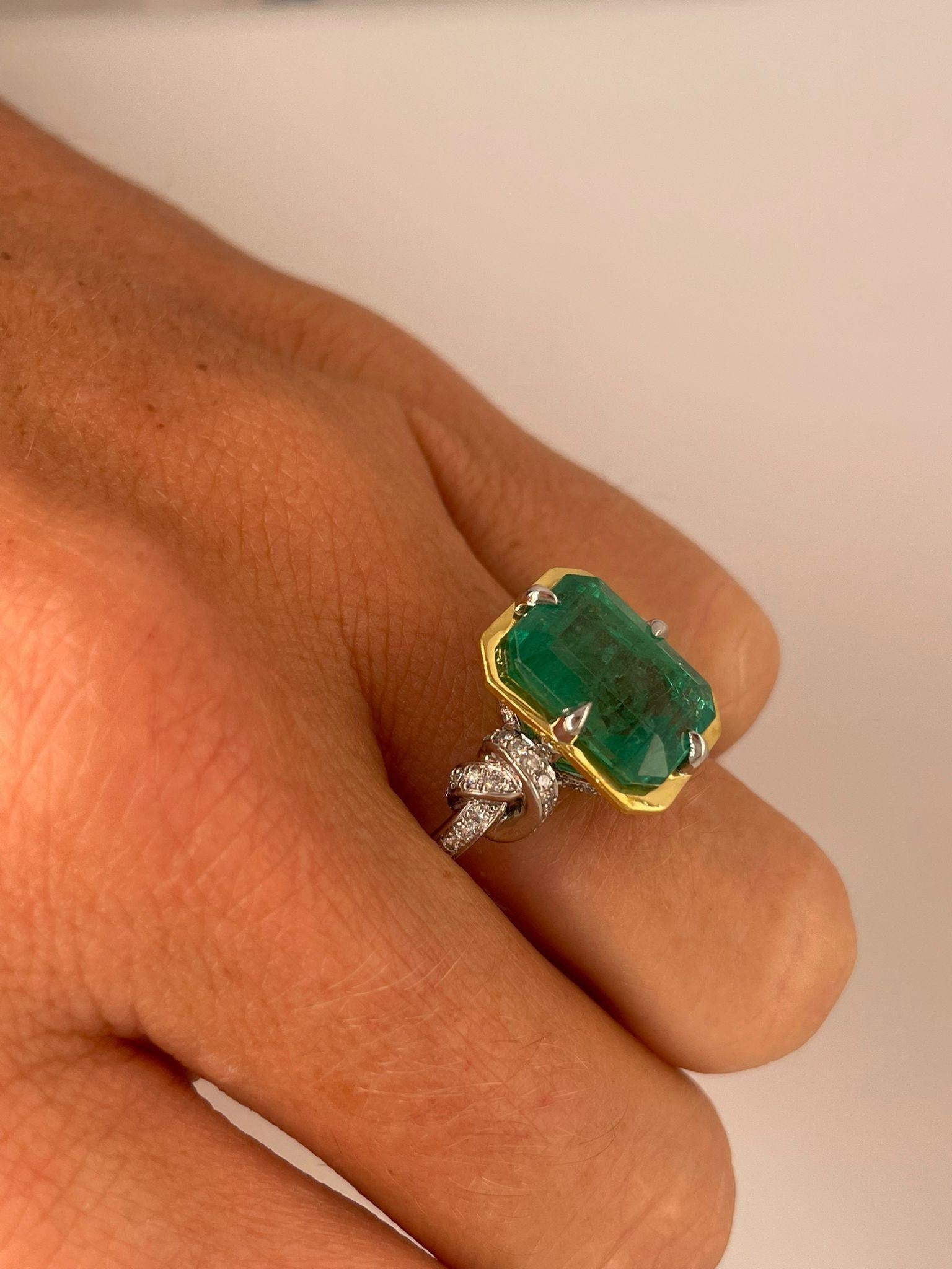 5.79 Carat Zambian Emerald in Forget Me Knot Style Ring with Diamonds 7