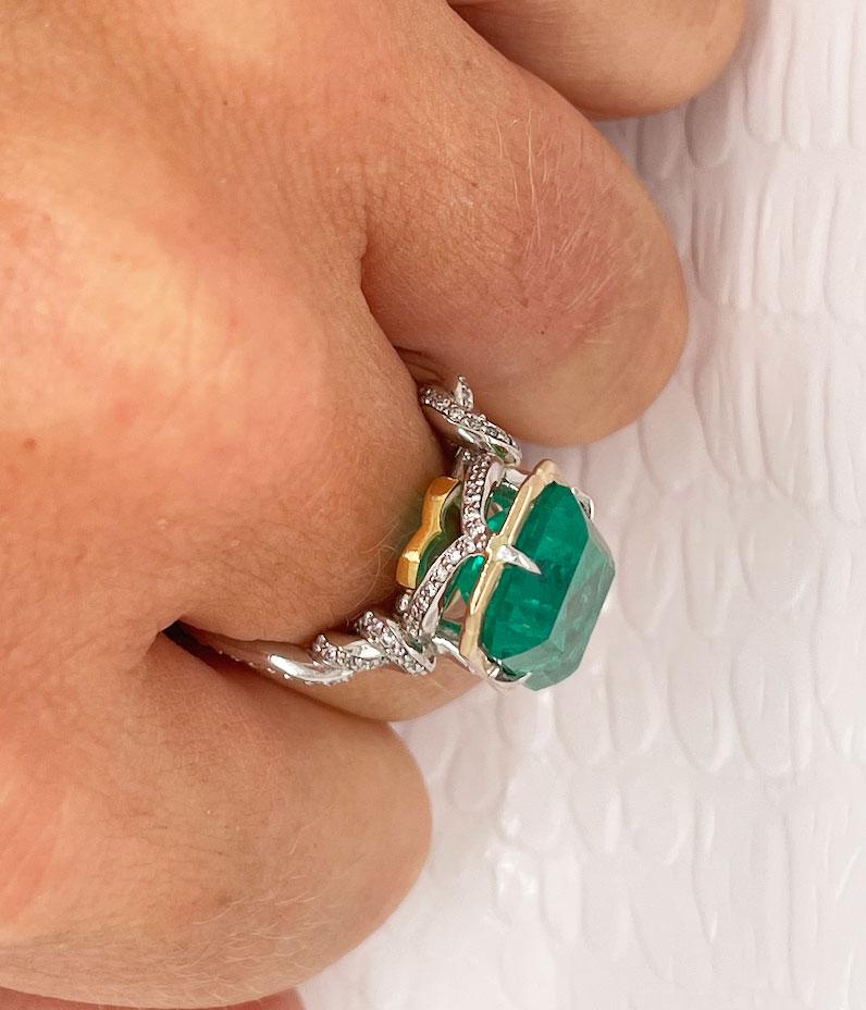 Women's or Men's 5.79 Carat Zambian Emerald in Forget Me Knot Style Ring with Diamonds