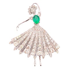 5.79CTW Elegant Ballerina Emerald and Diamond Brooch - 14K CTW