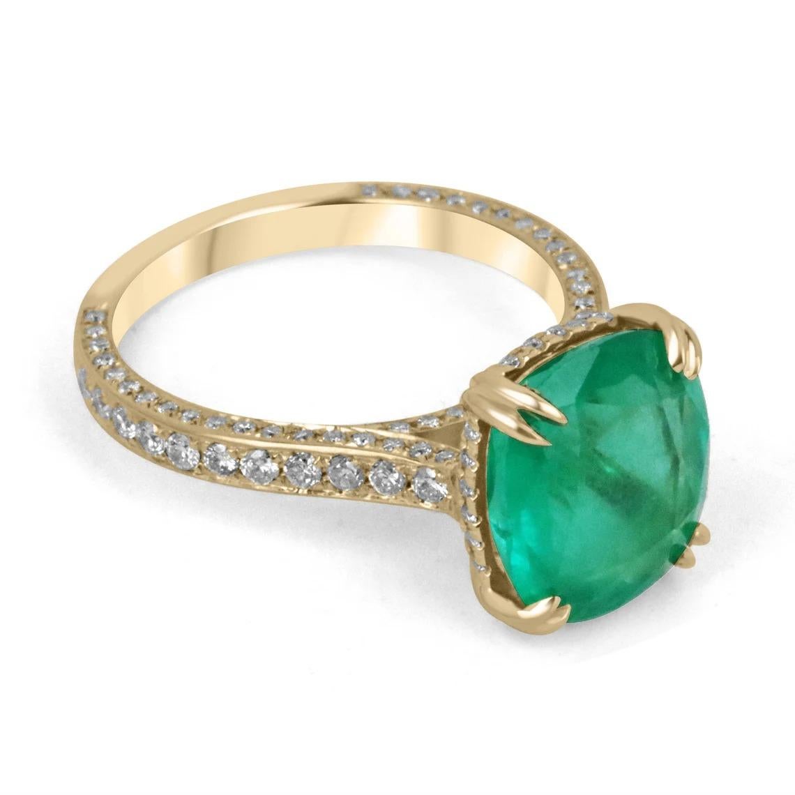 Elegantly displayed is a natural, cushion-cut Colombian emerald and diamond shank ring. The center gem is a deep green, natural emerald filled with life, color, and brilliance! Among the emeralds, impressive qualities are its vibrant color and