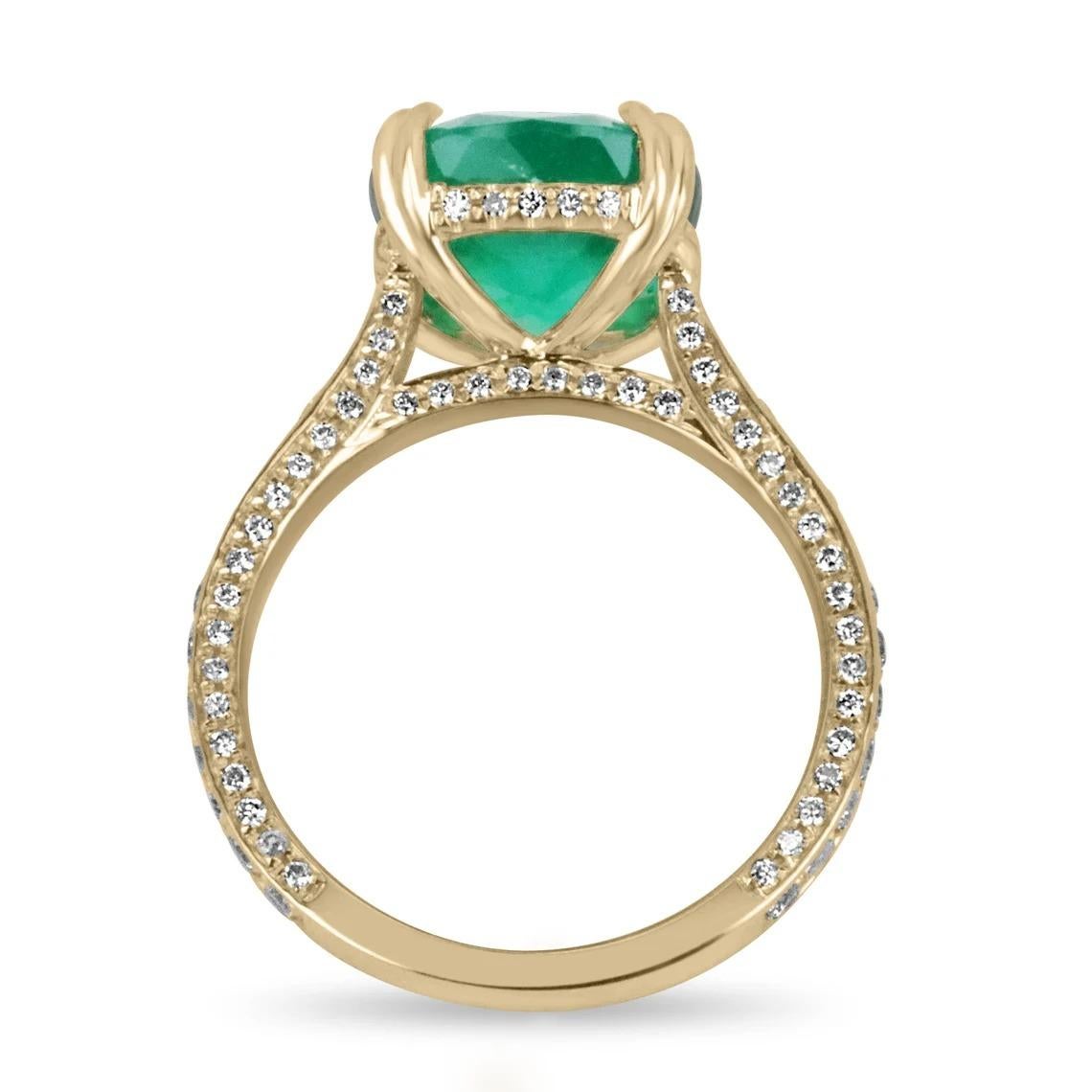 Contemporary 5.79tcw 18K Fine Cushion Colombian Emerald & Diamond Accent Gold Engagement Ring For Sale