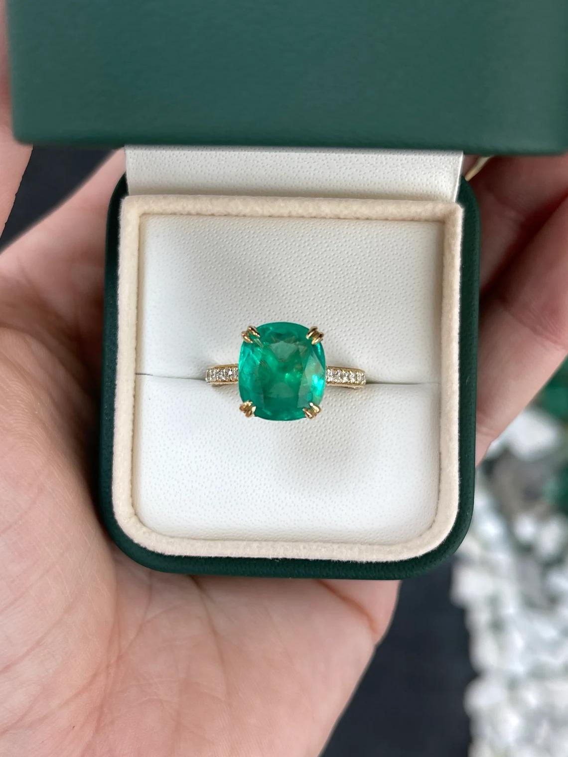 Women's 5.79tcw 18K Fine Cushion Colombian Emerald & Diamond Accent Gold Engagement Ring For Sale