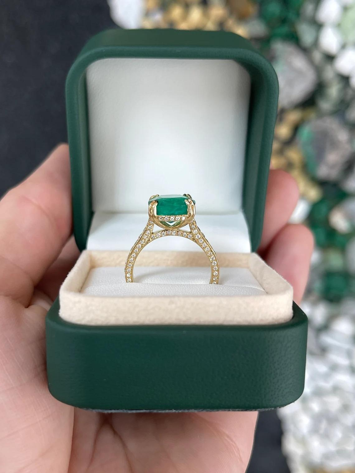 5.79tcw 18K Fine Cushion Colombian Emerald & Diamond Accent Gold Engagement Ring For Sale 2