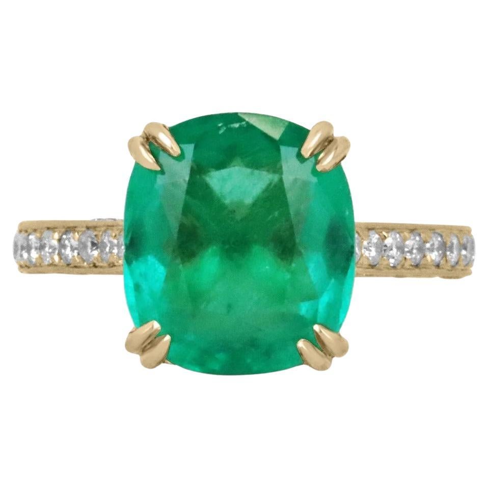 5.79tcw 18K Fine Cushion Colombian Emerald & Diamond Accent Gold Engagement Ring For Sale