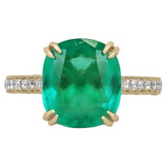 5.79tcw 18K Fine Cushion Colombian Emerald & Diamond Accent Gold Engagement Ring